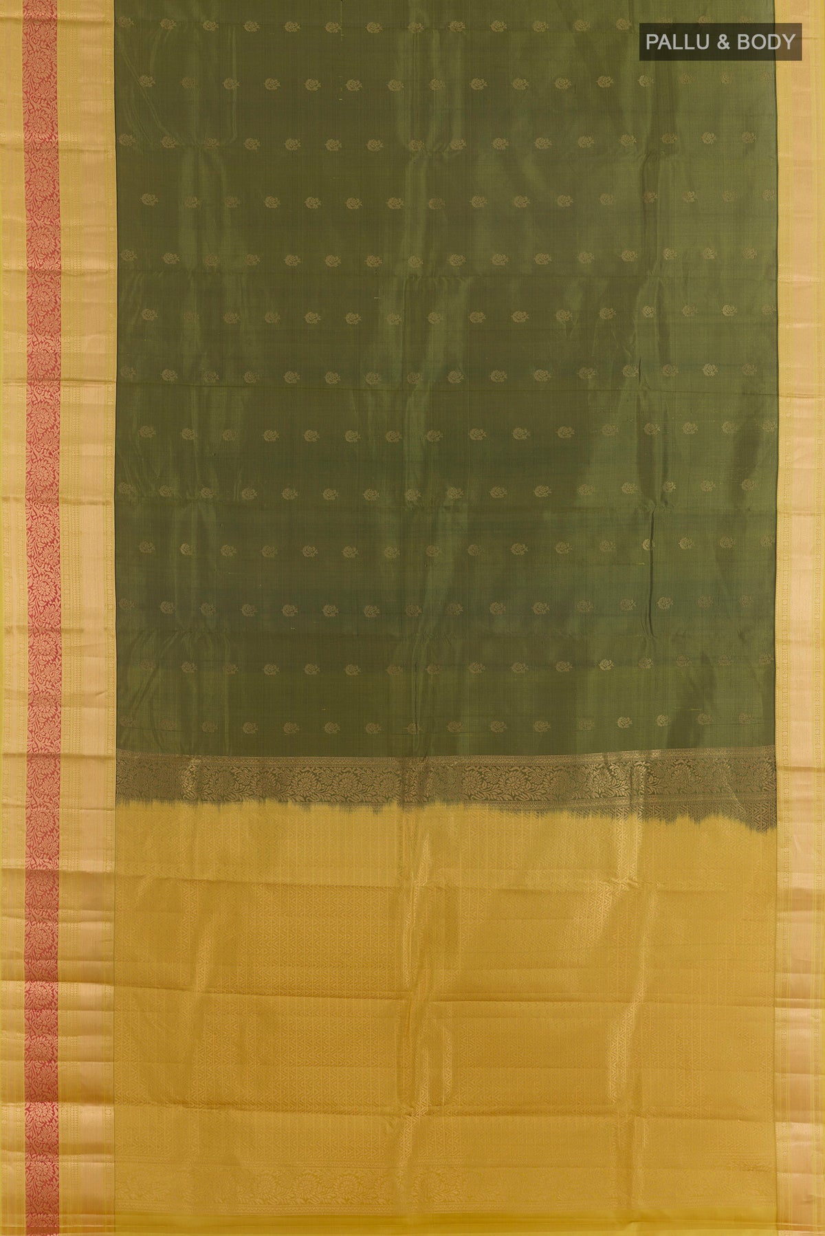 Flat view of Pure Silk Olive Green Kanchipuram Saree with Zari Butta on the body and Zari Border. 