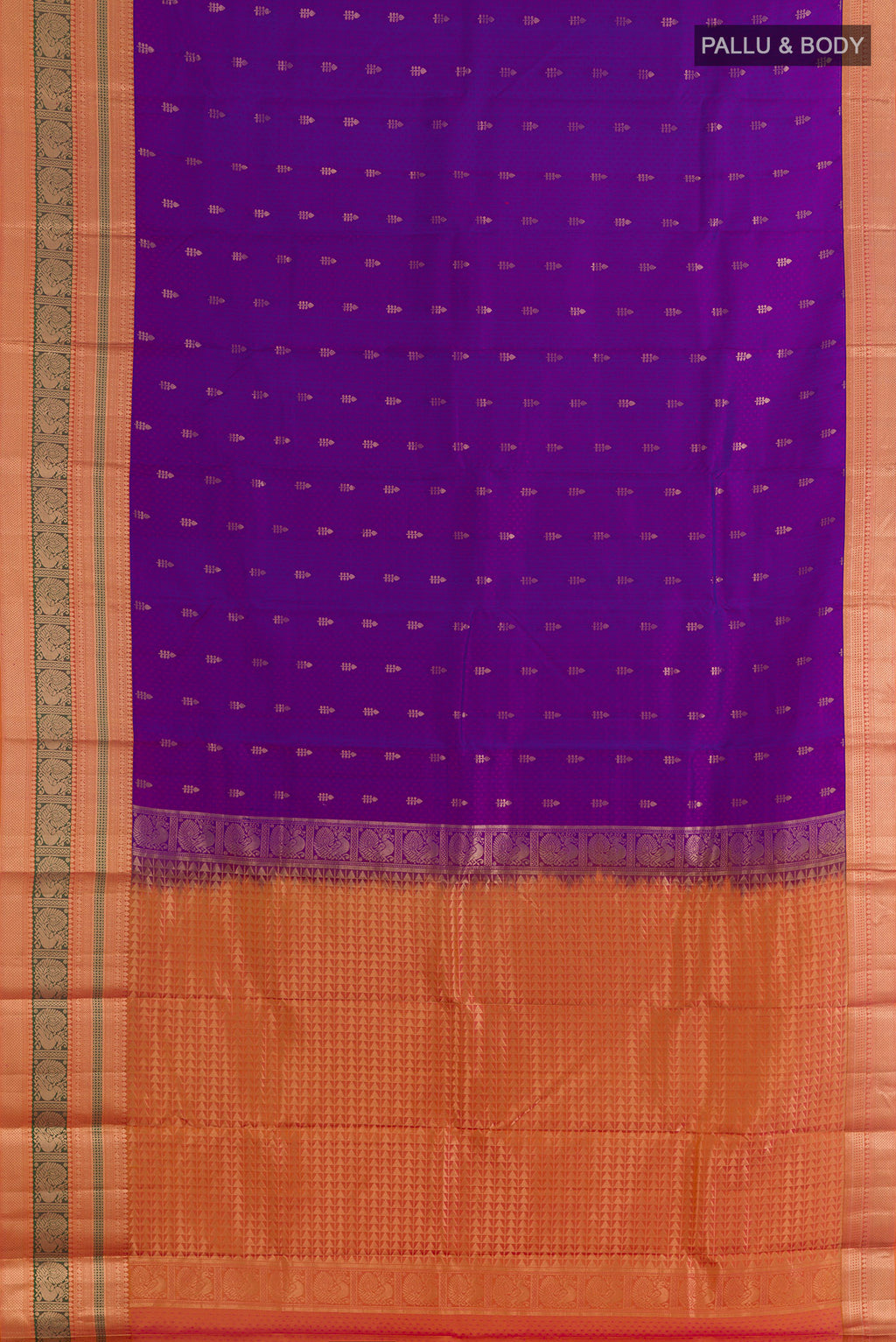 Flat view of Pure Silk Purple Kanchipuram Saree with Jacquard With Zari Butta on the body and Zari Border. 