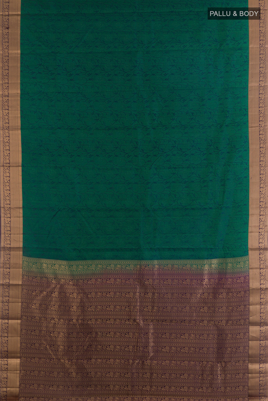 Flat view of Pure Silk Green Kanchipuram Saree with Jacquard design on the body and Zari Border. 