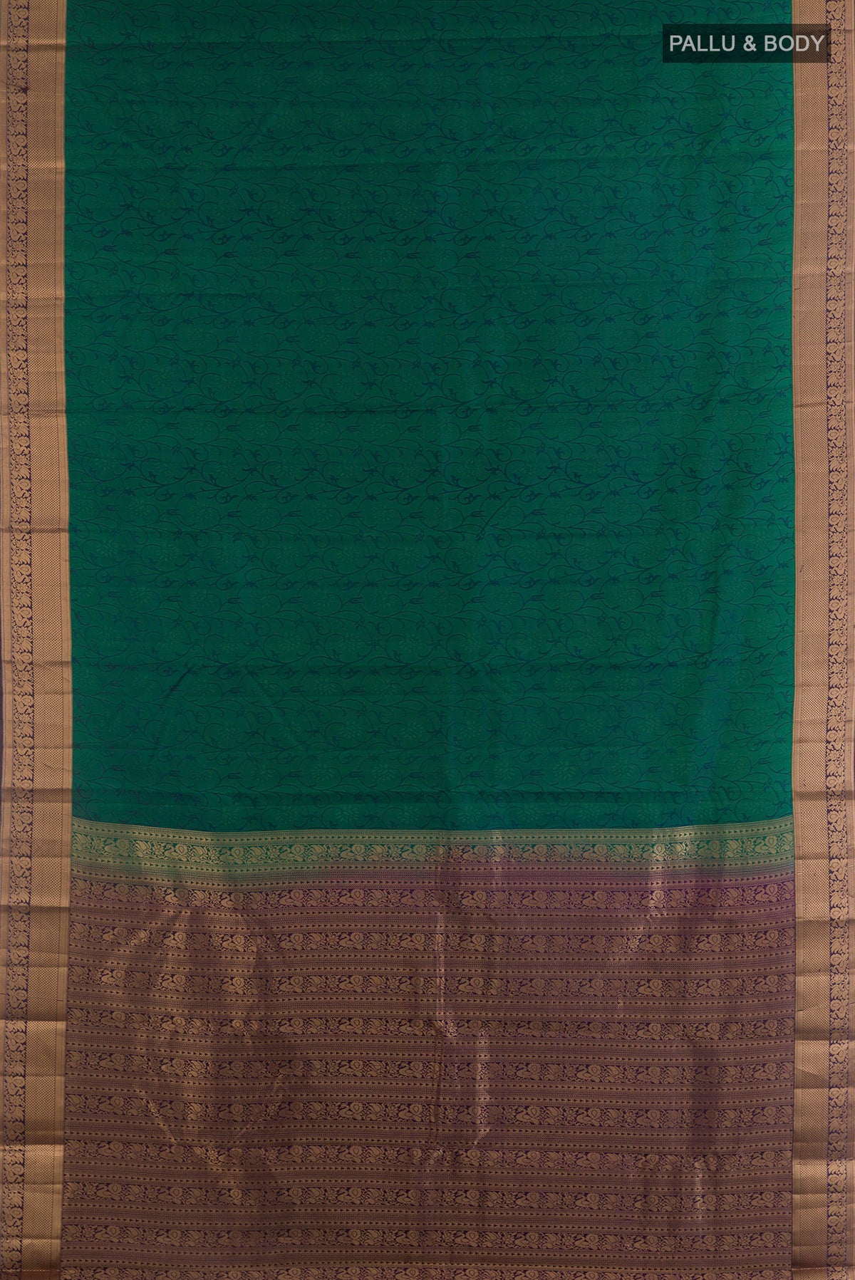 Flat view of Pure Silk Green Kanchipuram Saree with Jacquard design on the body and Zari Border. 