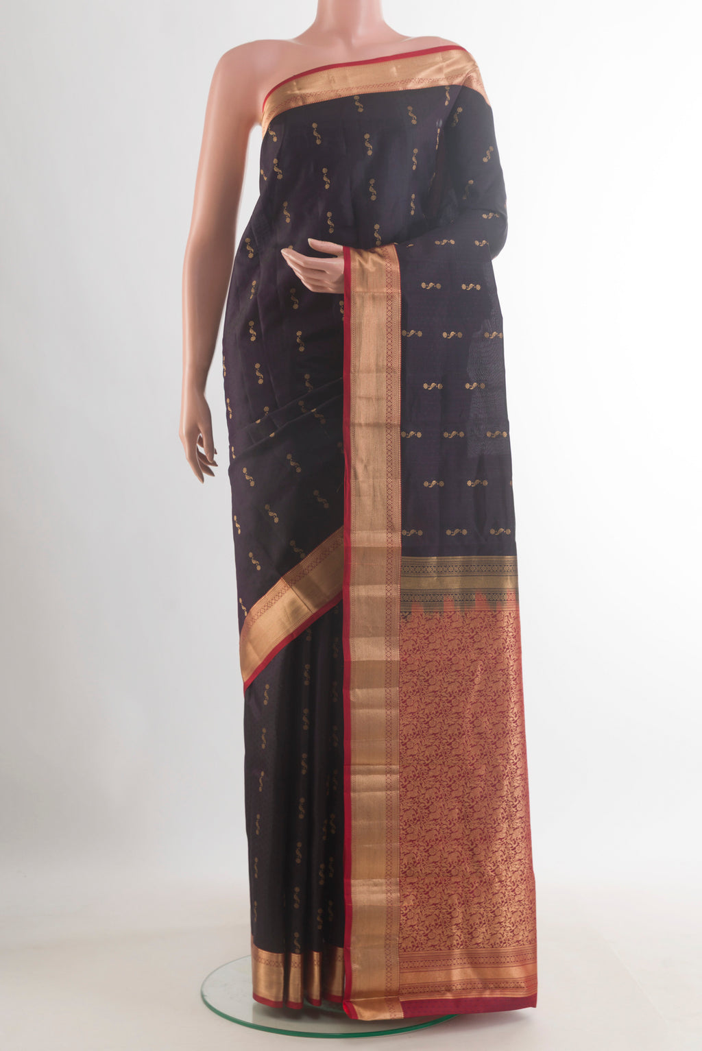 Pure Silk Dark Blue Kanchipuram Saree with Jacquard With Zari Butta on the body and Zari Border.  displayed on a mannequin
