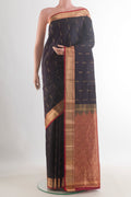 Pure Silk Dark Blue Kanchipuram Saree with Jacquard With Zari Butta on the body and Zari Border.  displayed on a mannequin