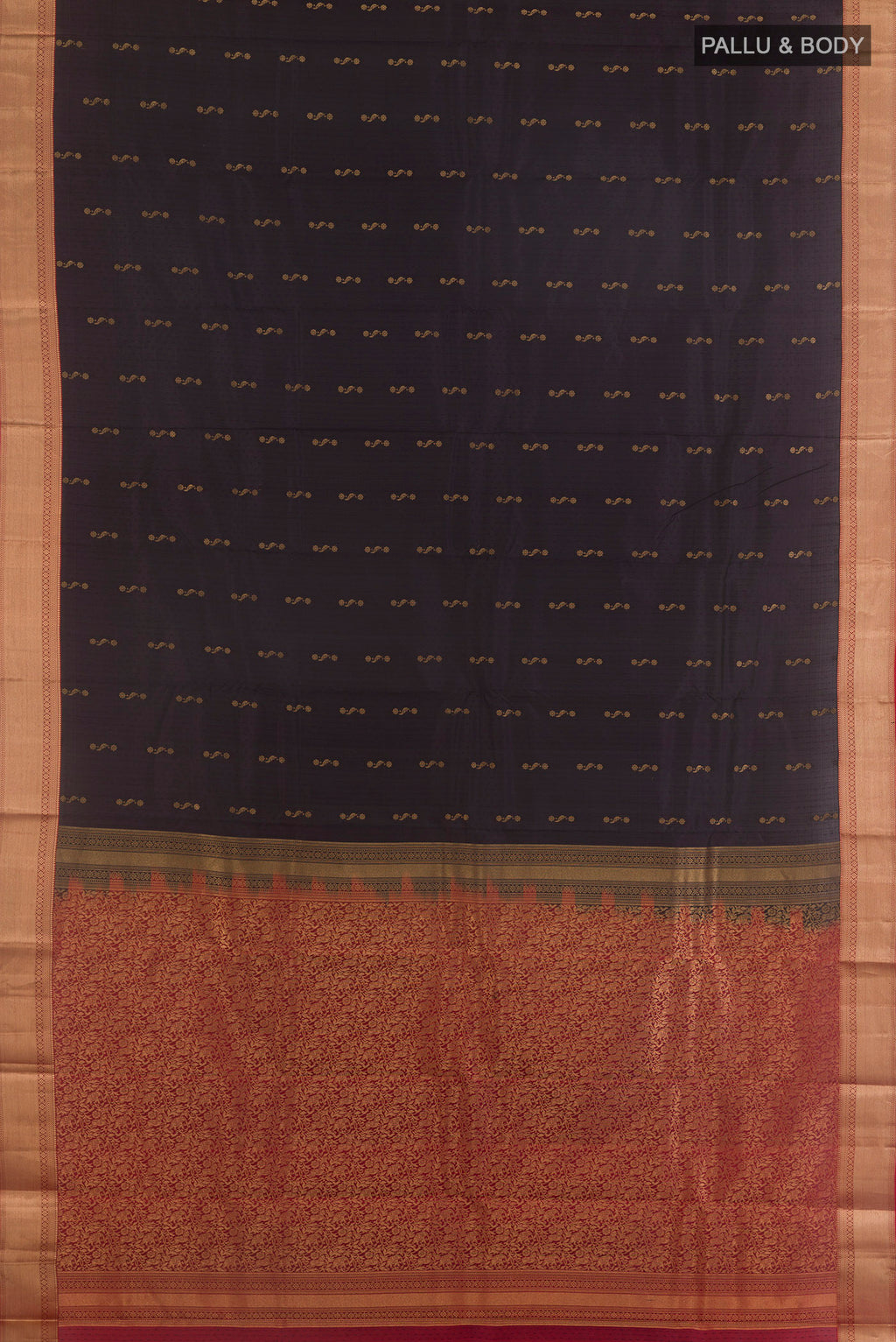 Flat view of Pure Silk Dark Blue Kanchipuram Saree with Jacquard With Zari Butta on the body and Zari Border. 