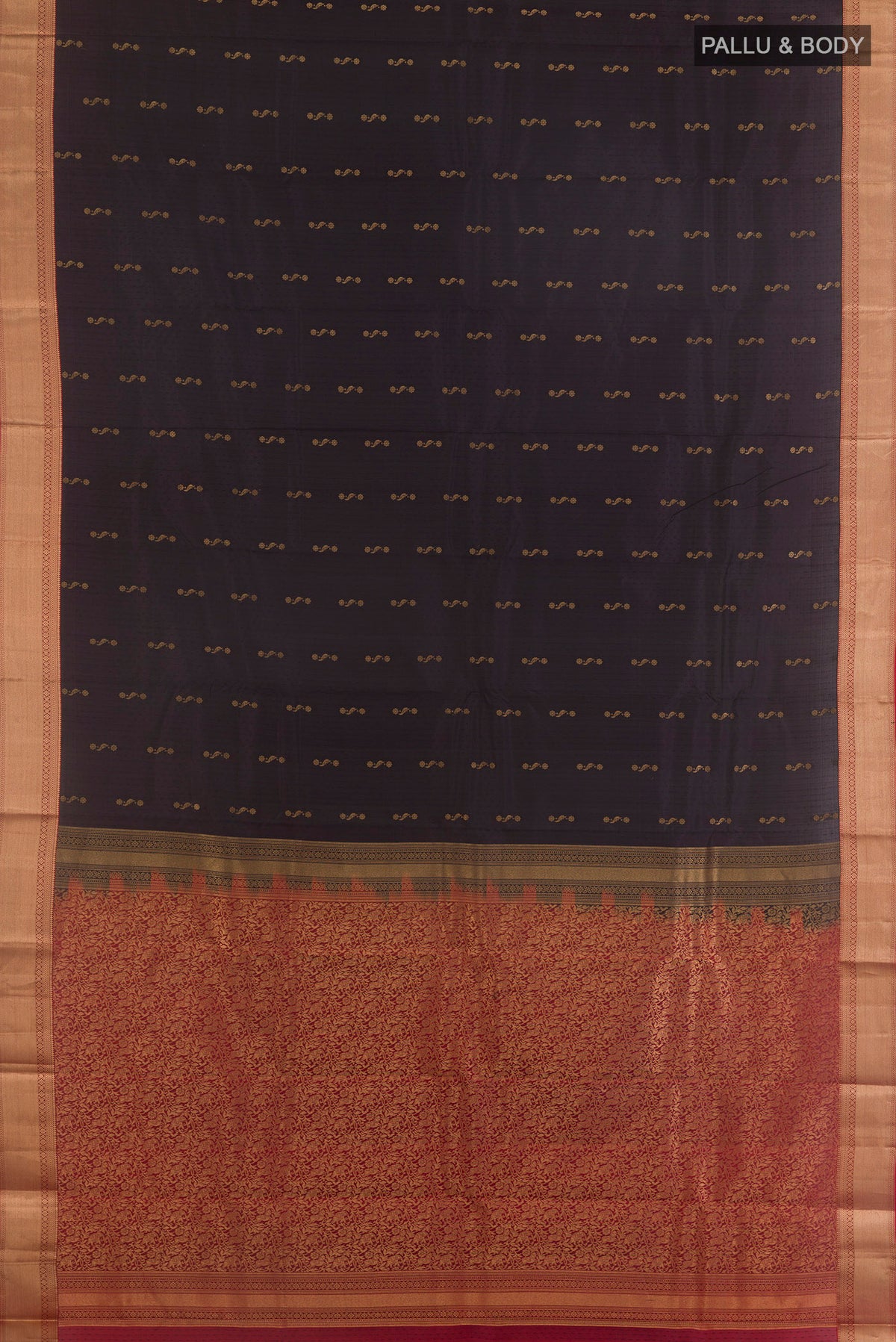 Flat view of Pure Silk Dark Blue Kanchipuram Saree with Jacquard With Zari Butta on the body and Zari Border. 