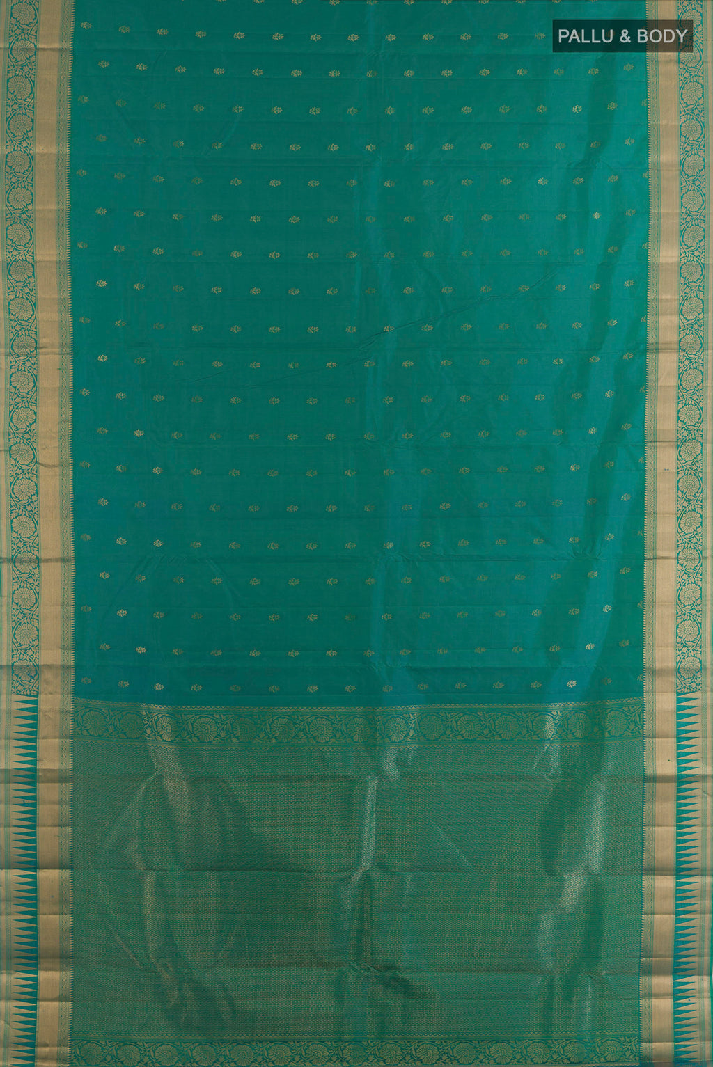 Flat view of Pure Silk Sea Green Kanchipuram Saree with Zari Butta on the body and Zari Border. 