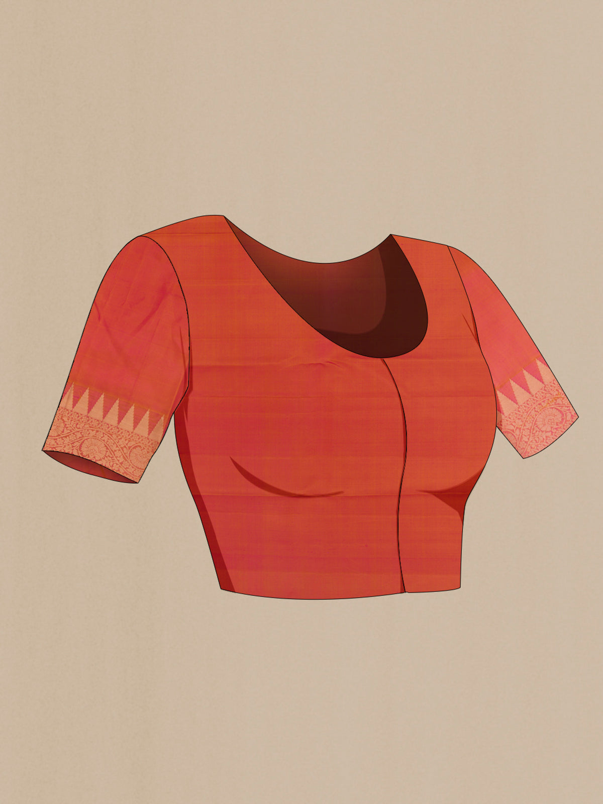 Close up image of the blouse of Pure Silk Pink Kanchipuram Saree with Zari Butta on the body and Zari Border. 