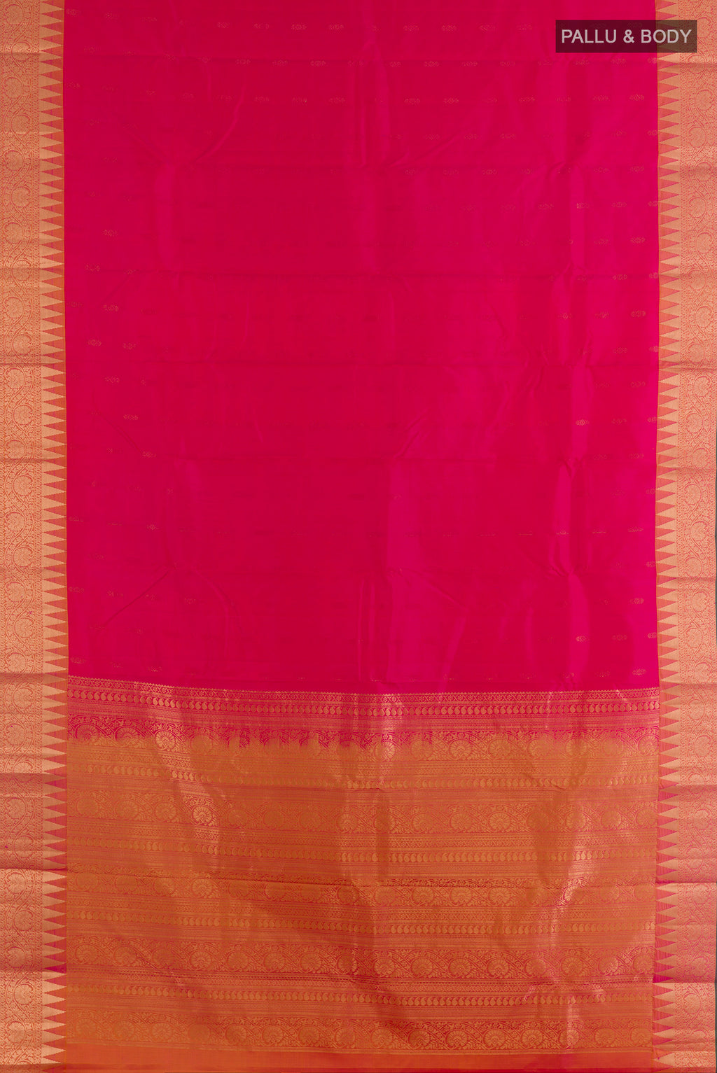 Flat view of Pure Silk Pink Kanchipuram Saree with Zari Butta on the body and Zari Border. 