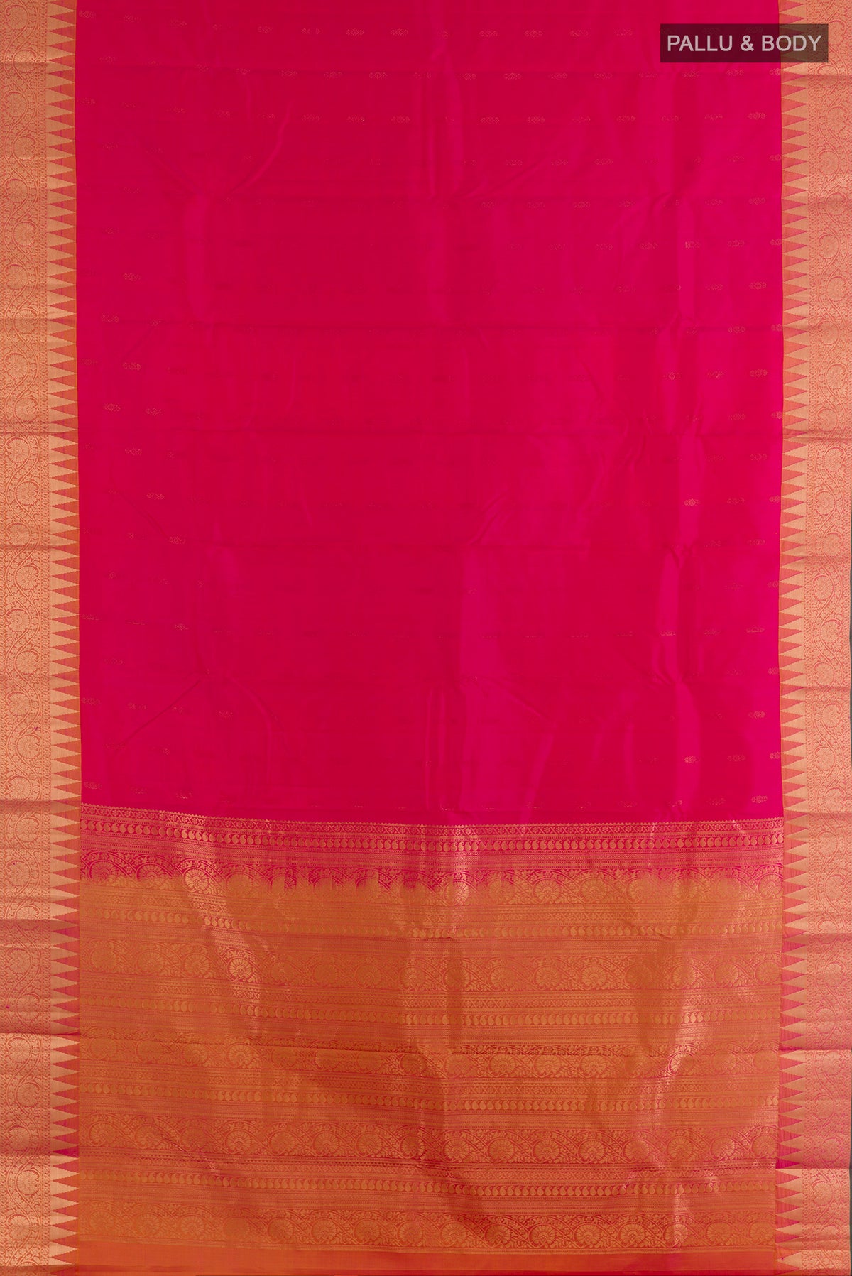 Flat view of Pure Silk Pink Kanchipuram Saree with Zari Butta on the body and Zari Border. 