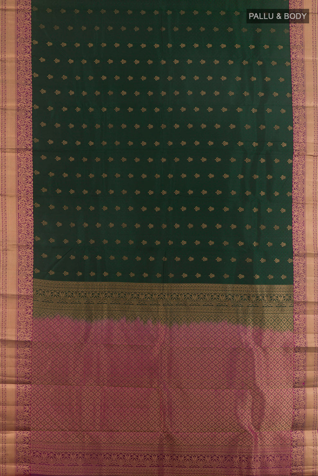 Flat view of Pure Silk Bottle Green Kanchipuram Saree with Jacquard With Zari Butta on the body and Zari Border. 