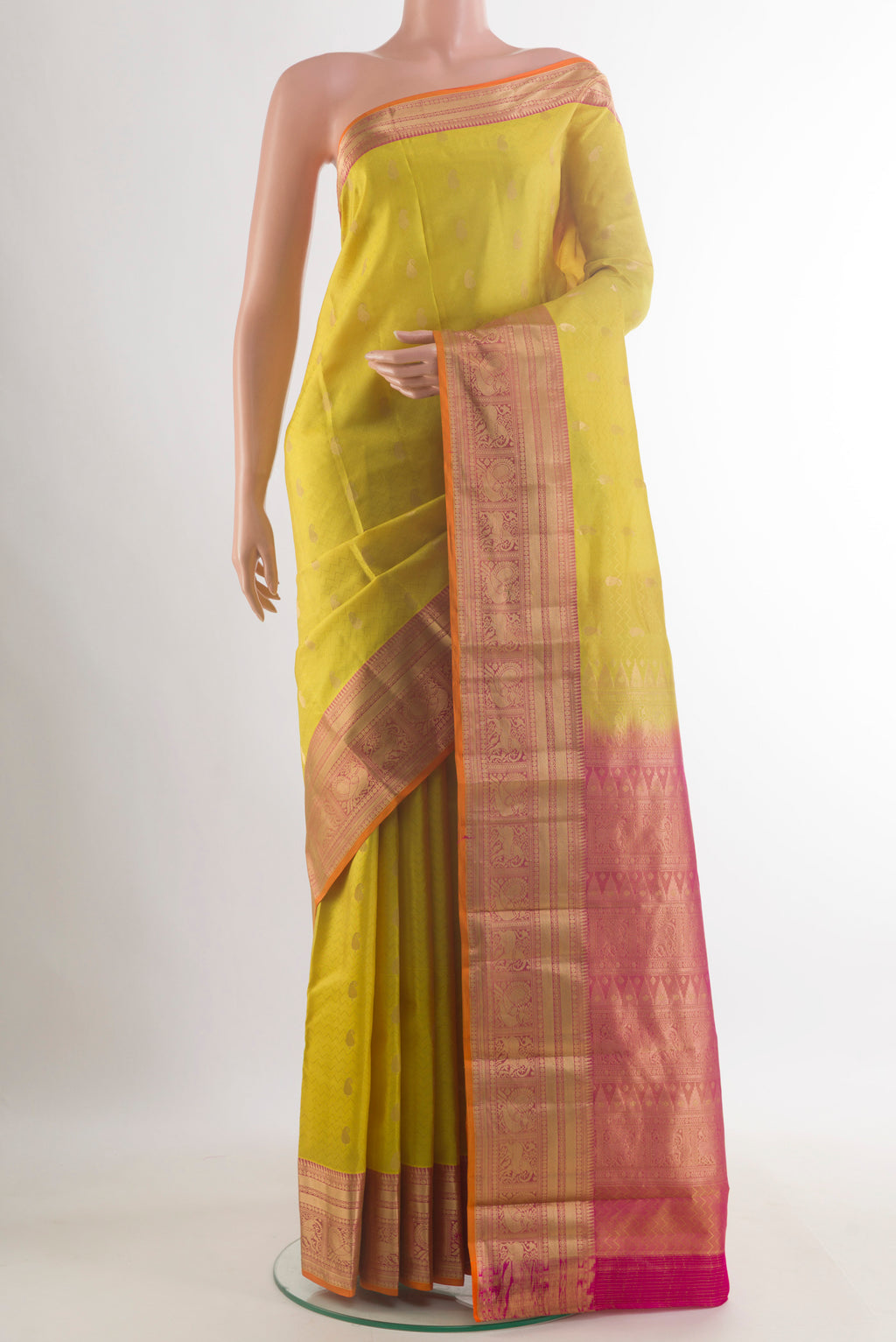 Pure Silk Yellow Kanchipuram Saree with Jacquard With Zari Butta on the body and Zari Border.  displayed on a mannequin