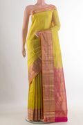 Pure Silk Yellow Kanchipuram Saree with Jacquard With Zari Butta on the body and Zari Border.  displayed on a mannequin