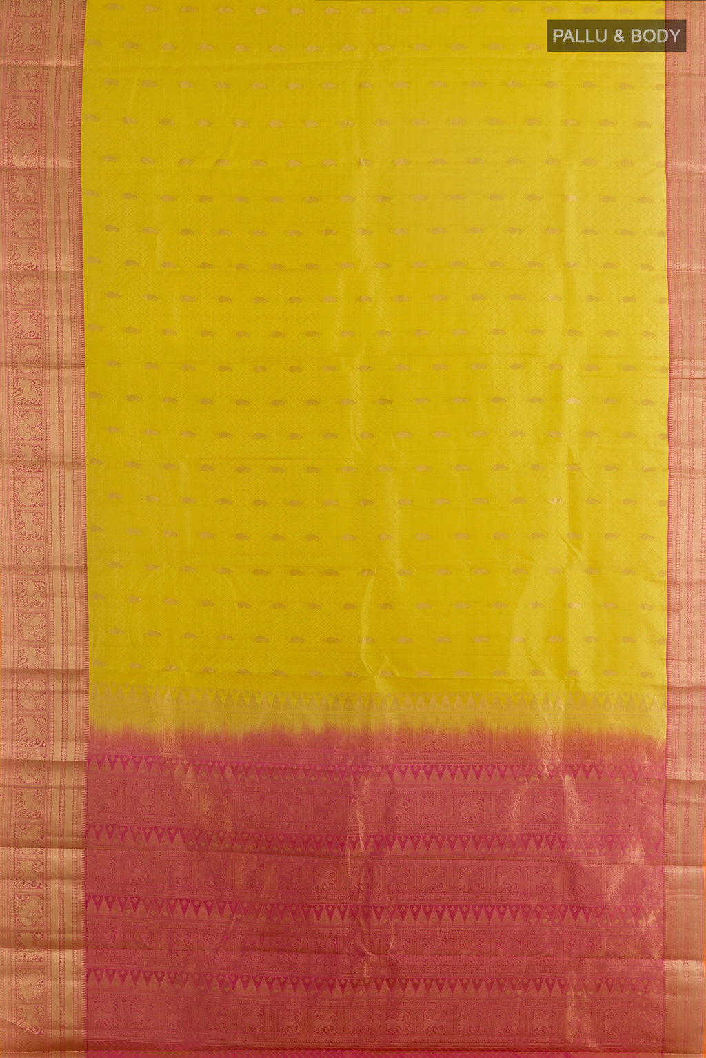 Flat view of Pure Silk Yellow Kanchipuram Saree with Jacquard With Zari Butta on the body and Zari Border. 