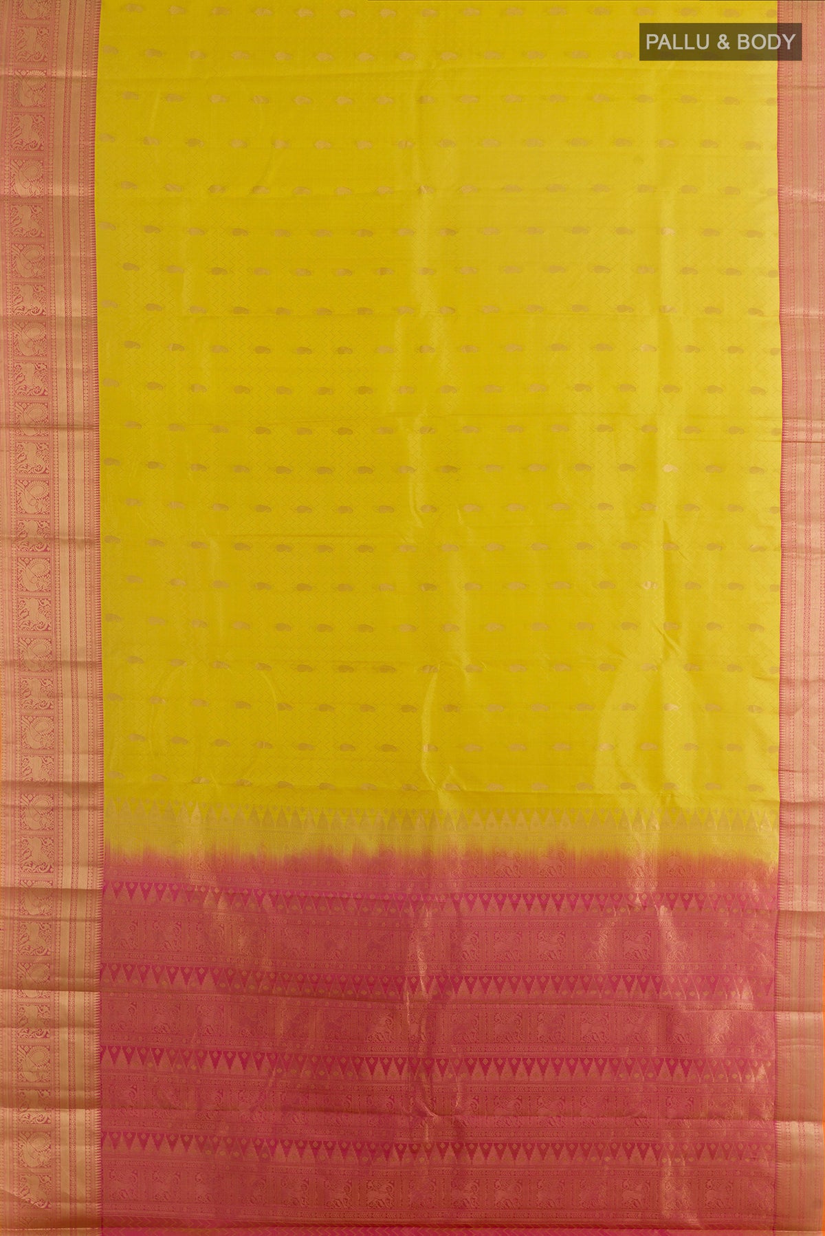 Flat view of Pure Silk Yellow Kanchipuram Saree with Jacquard With Zari Butta on the body and Zari Border. 