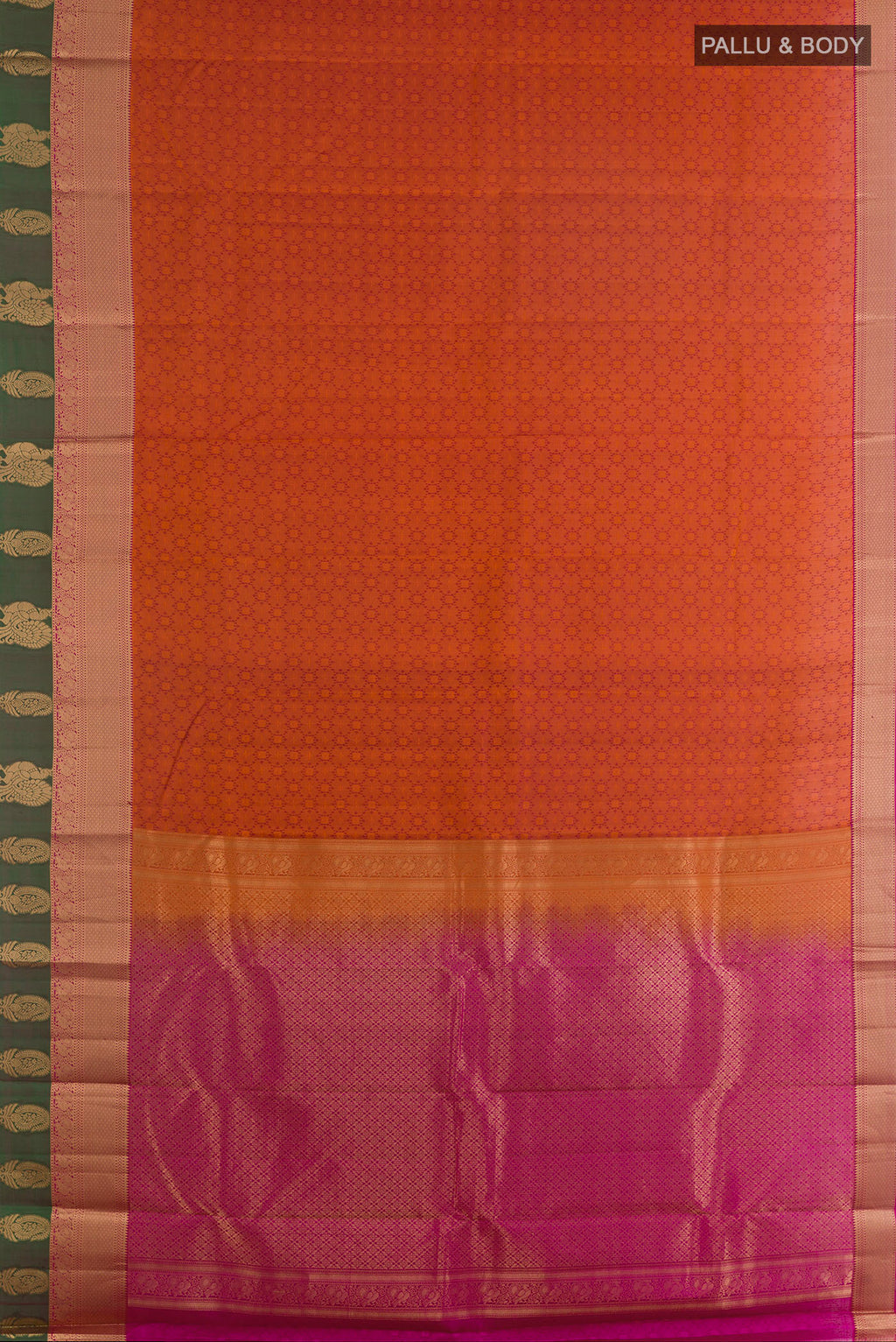 Flat view of Pure Silk Rust Kanchipuram Saree with Jacquard design on the body and Zari Border. 