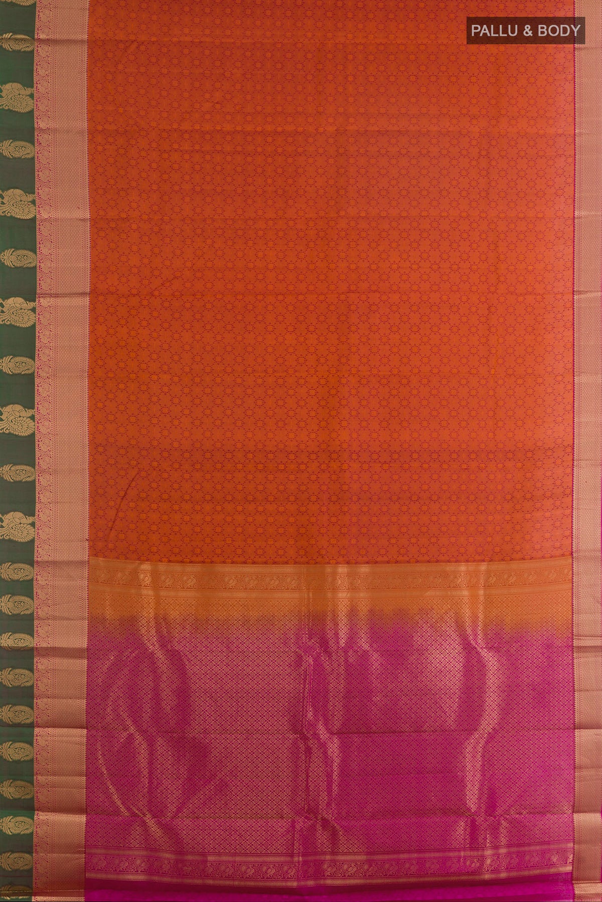 Flat view of Pure Silk Rust Kanchipuram Saree with Jacquard design on the body and Zari Border. 