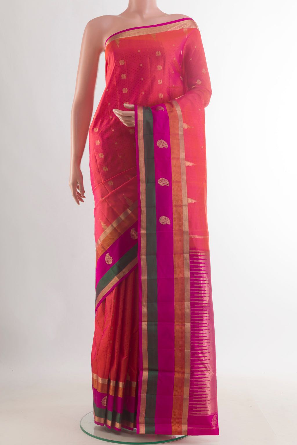Pure Silk Coffee Brown Dual Tone Kanchipuram Saree with Jacquard With Zari Butta on the body and Zari Border.  displayed on a mannequin