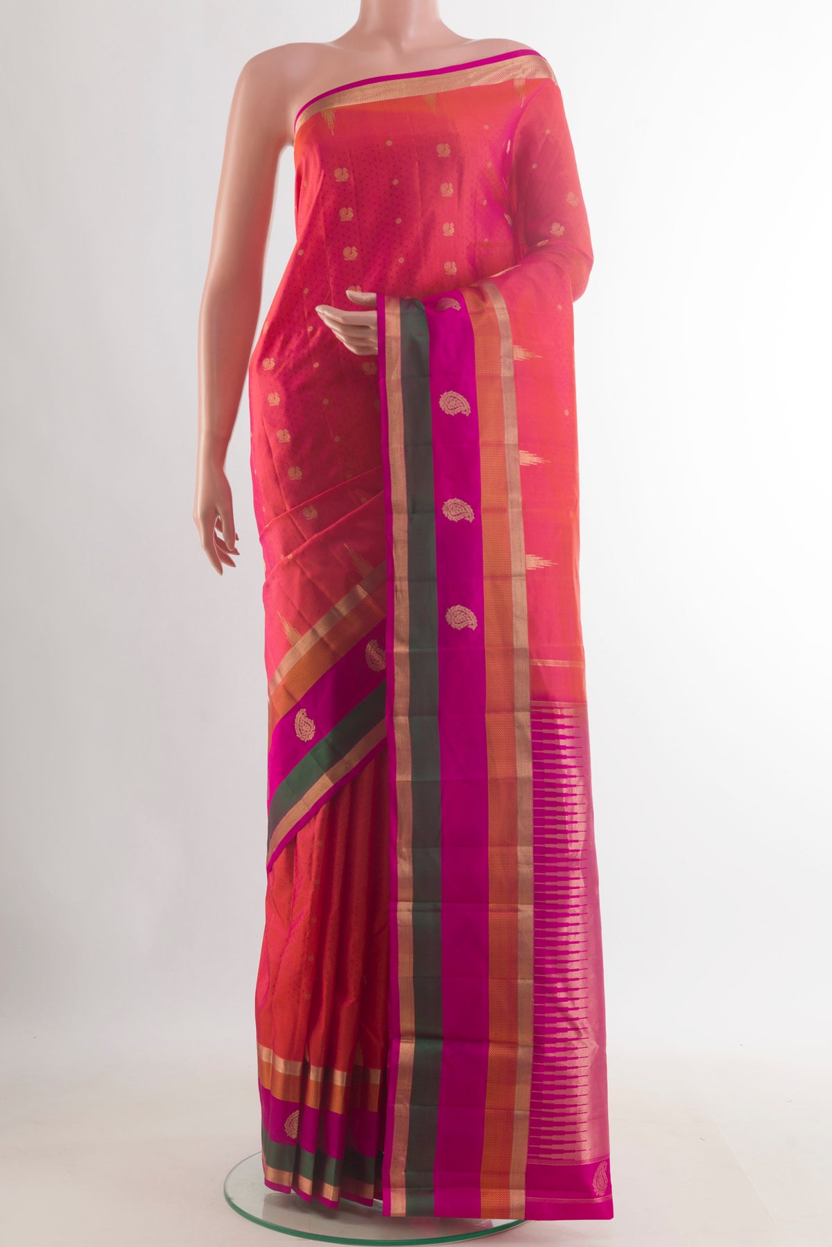 Pure Silk Coffee Brown Dual Tone Kanchipuram Saree with Jacquard With Zari Butta on the body and Zari Border.  displayed on a mannequin