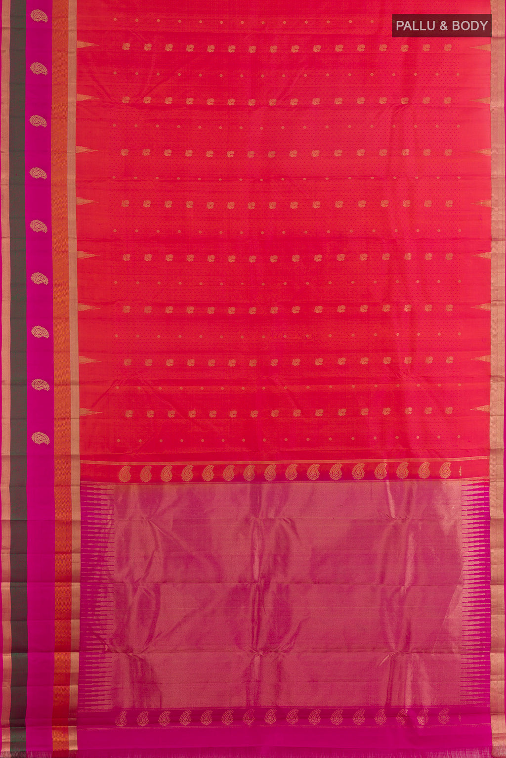 Flat view of Pure Silk Coffee Brown Dual Tone Kanchipuram Saree with Jacquard With Zari Butta on the body and Zari Border. 