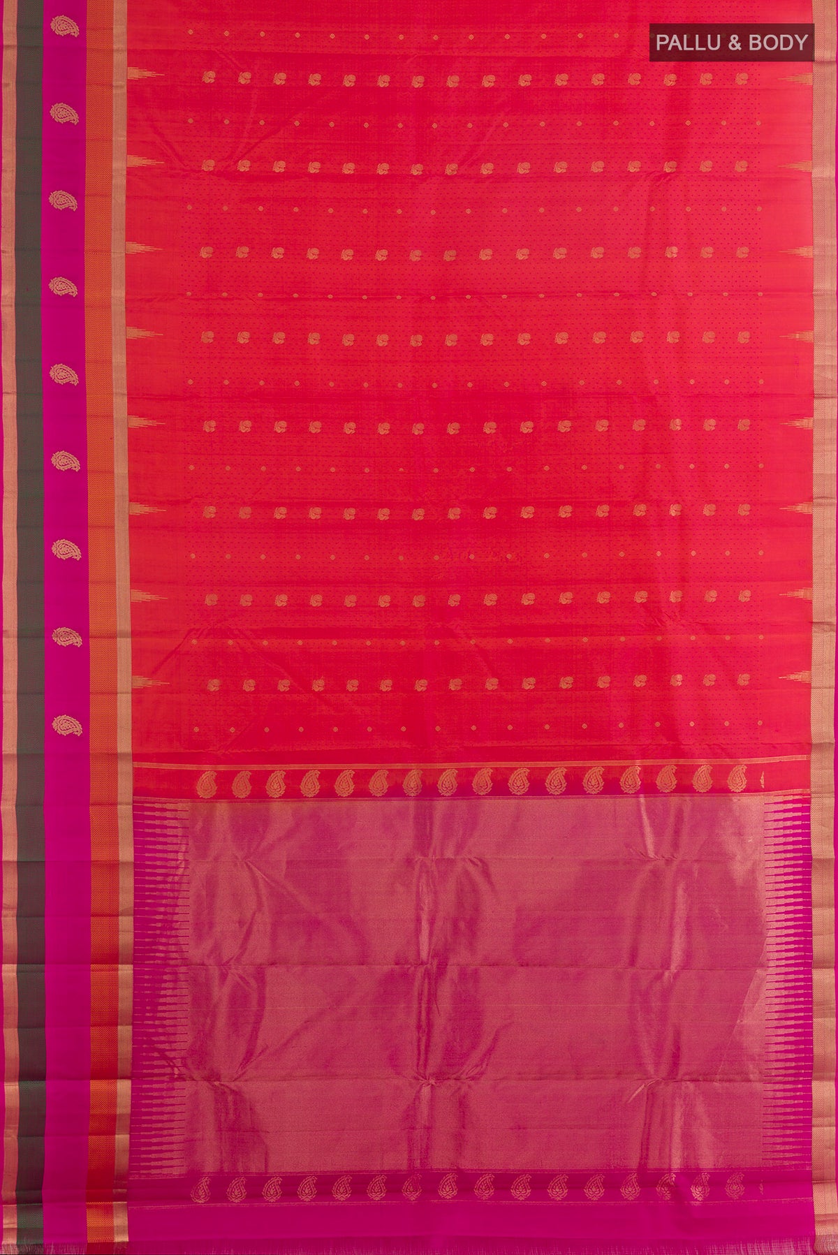 Flat view of Pure Silk Coffee Brown Dual Tone Kanchipuram Saree with Jacquard With Zari Butta on the body and Zari Border. 