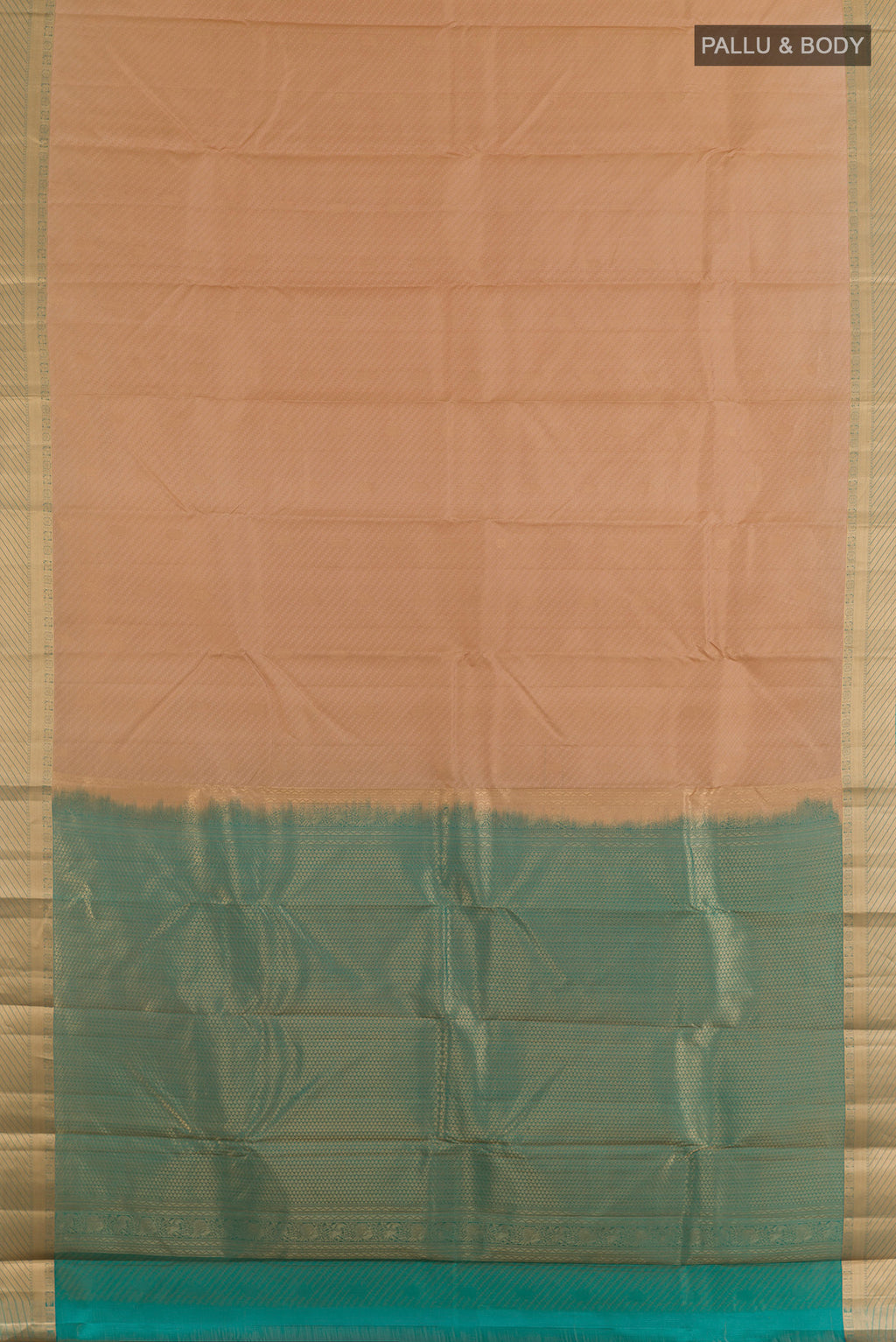 Flat view of Pure Silk Beige Kanchipuram Saree with Jacquard With Zari Butta on the body and Zari Border. 