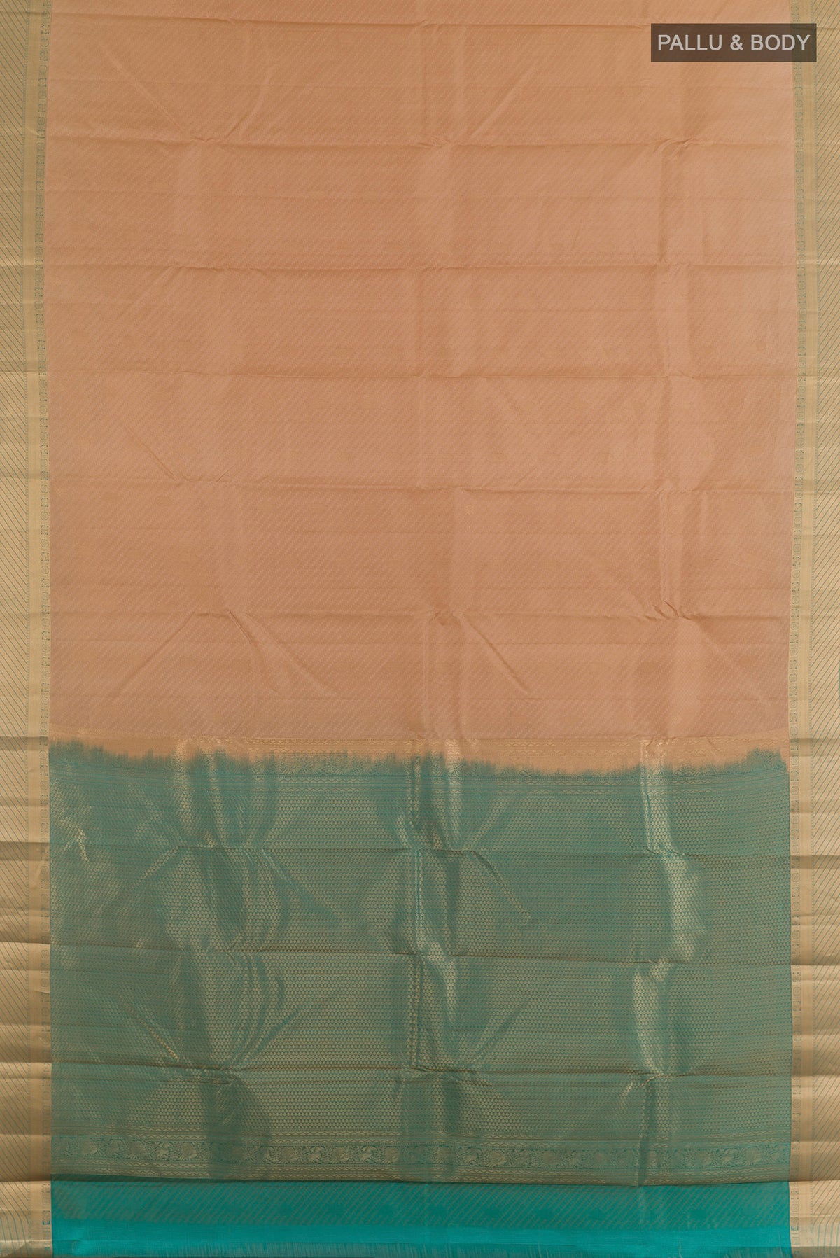 Flat view of Pure Silk Beige Kanchipuram Saree with Jacquard With Zari Butta on the body and Zari Border. 