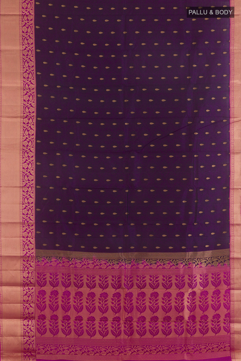 Flat view of Pure Silk Purple Kanchipuram Saree with Jacquard With Zari Butta on the body and Zari Border. 