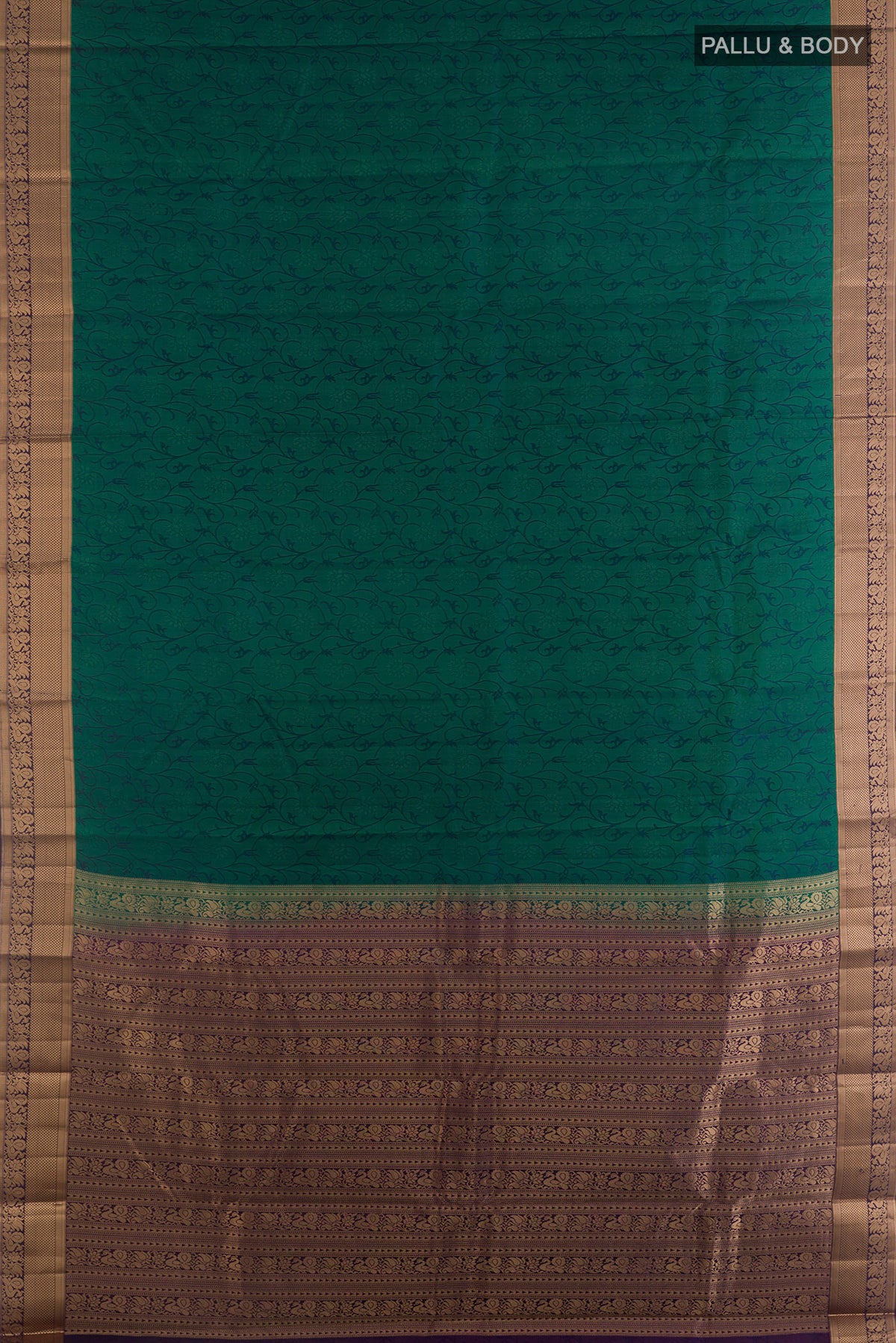 Flat view of Pure Silk Teal Kanchipuram Saree with Jacquard design on the body and Zari Border. 