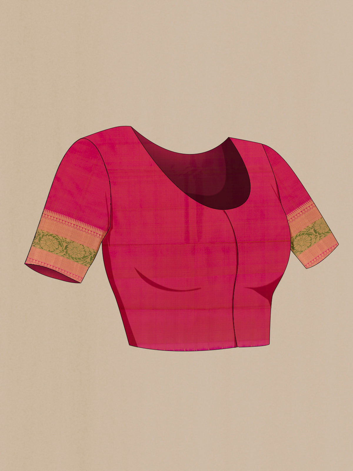 Close up image of the blouse of Pure Silk Green Kanchipuram Saree with Zari Butta on the body and Zari Border. 