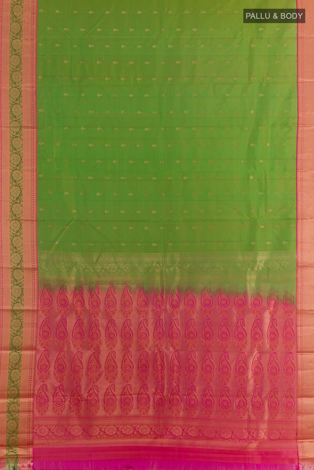 Flat view of Pure Silk Green Kanchipuram Saree with Zari Butta on the body and Zari Border. 