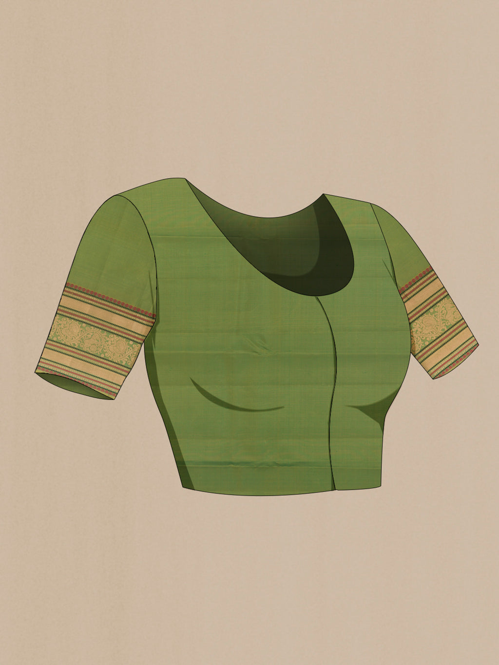 Close up image of the blouse of Pure Silk Green Kanchipuram Saree with Zari Butta on the body and Zari Border. 