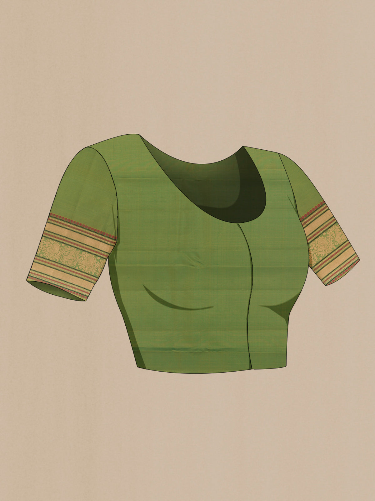 Close up image of the blouse of Pure Silk Green Kanchipuram Saree with Zari Butta on the body and Zari Border. 