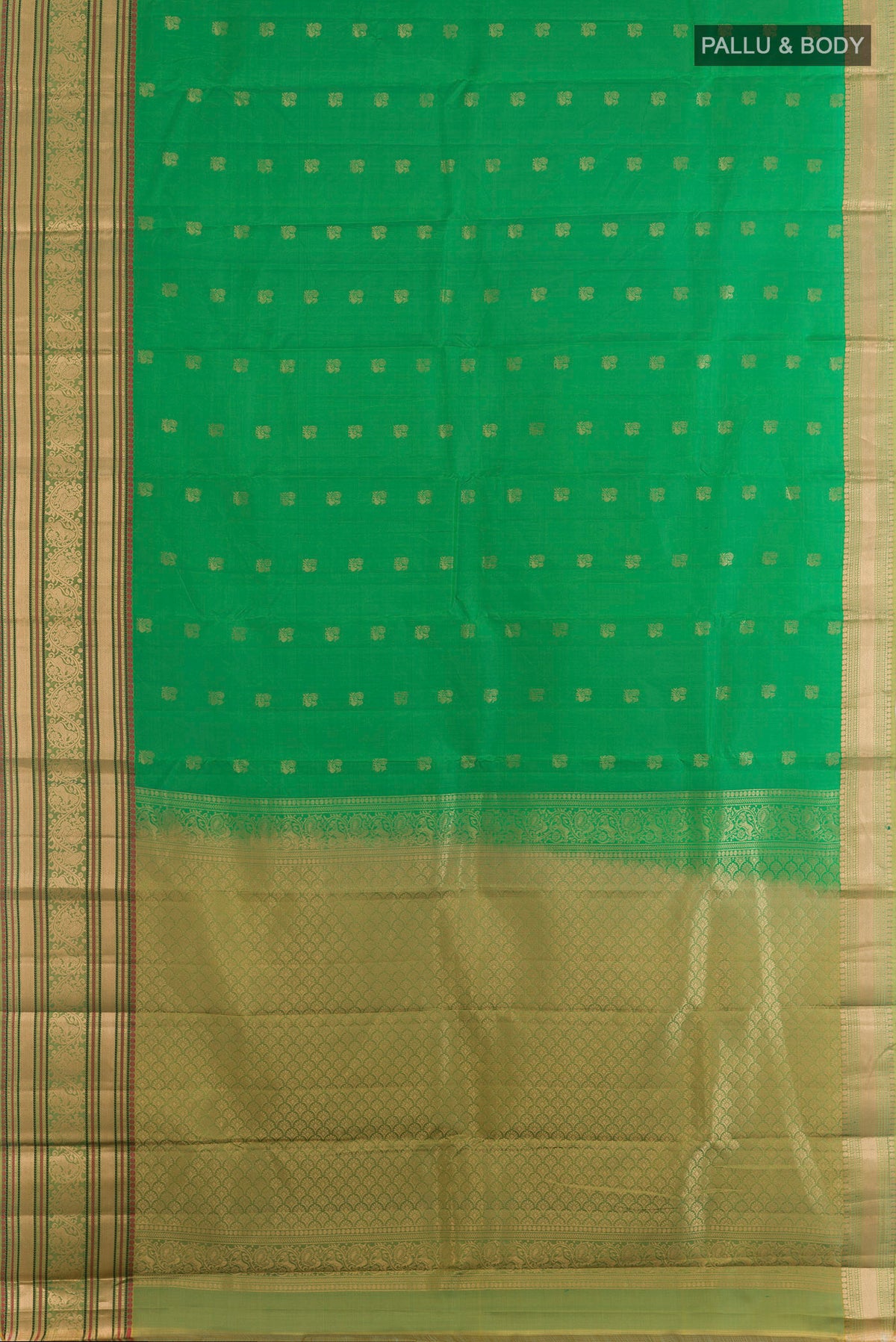 Flat view of Pure Silk Green Kanchipuram Saree with Zari Butta on the body and Zari Border. 
