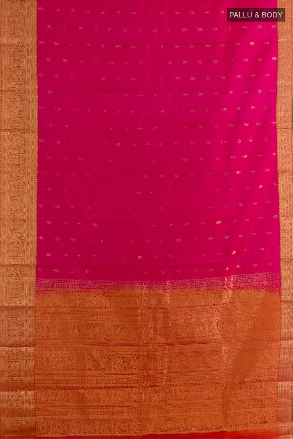 Flat view of Pure Silk Pink Kanchipuram Saree with Jacquard With Zari Butta on the body and Zari Border. 
