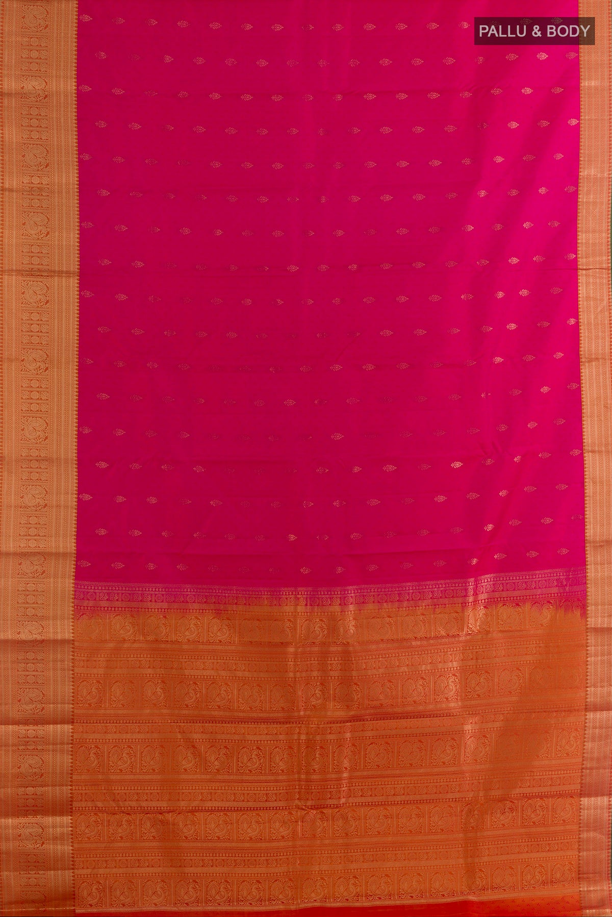 Flat view of Pure Silk Pink Kanchipuram Saree with Jacquard With Zari Butta on the body and Zari Border. 