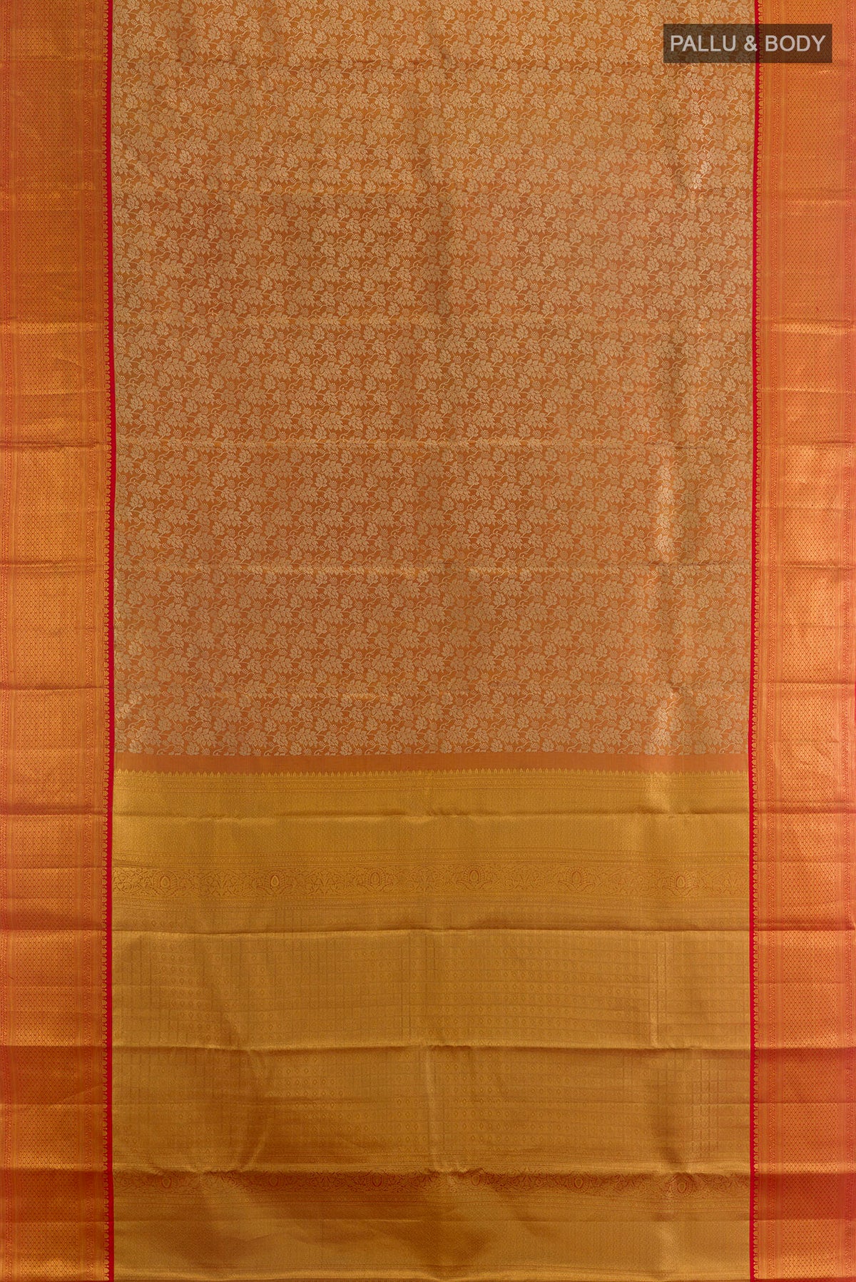 Flat view of Golden Dual Tone Kanchipuram Tissue Saree with Zari Brocade on the body and Zari Border. 