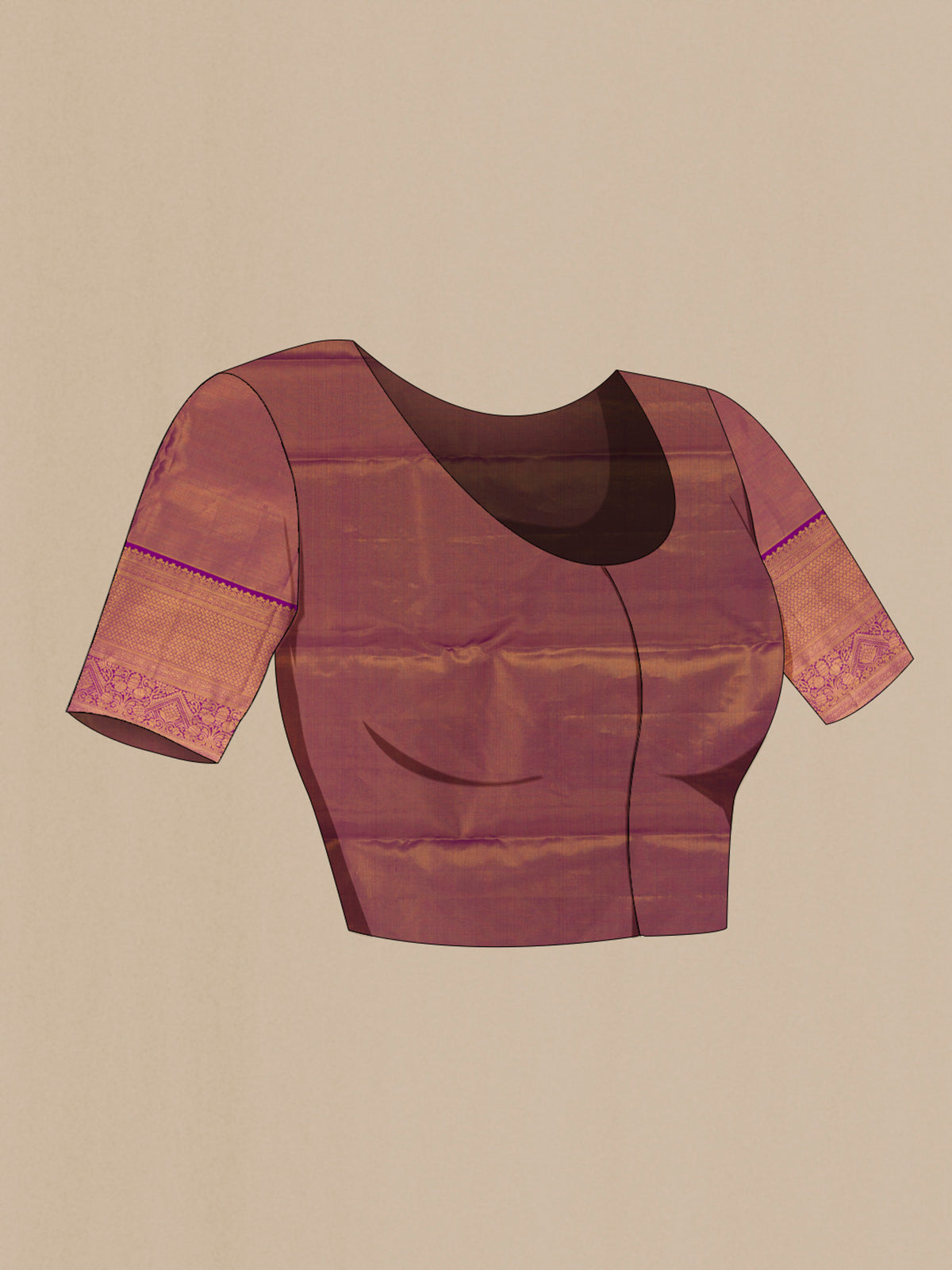 Close up image of the blouse of Lavender Dual Tone Kanchipuram Tissue Saree with Zari Brocade on the body and Zari Border. 