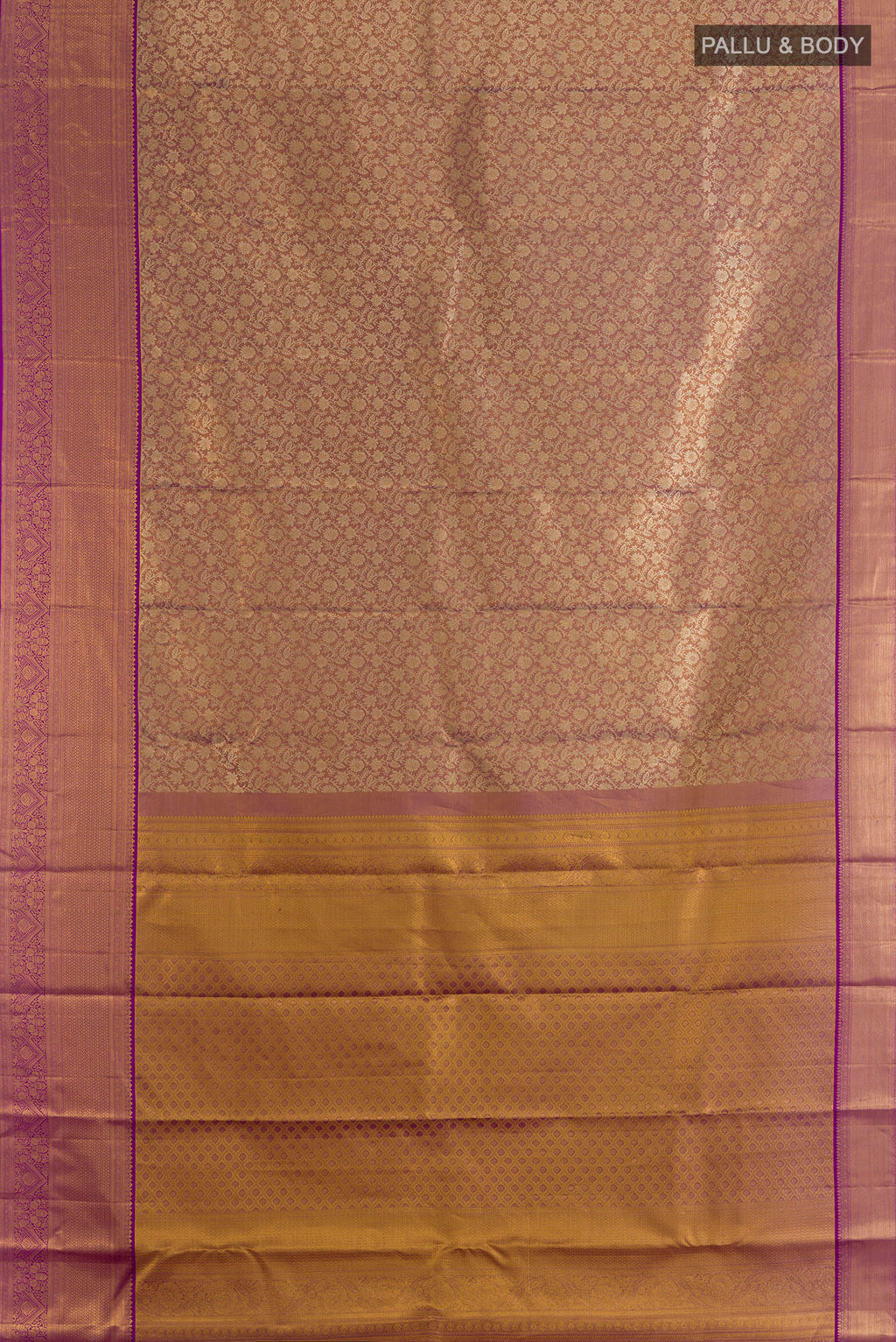 Flat view of Lavender Dual Tone Kanchipuram Tissue Saree with Zari Brocade on the body and Zari Border. 