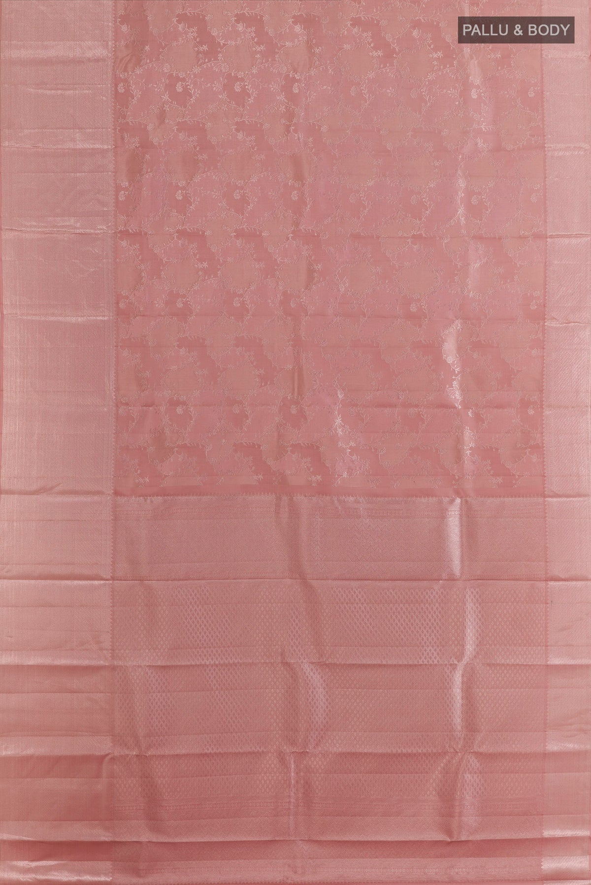 Flat view of Pure Silk Rose Gold Kanchipuram Saree with Zari Brocade on the body and Zari Border. 