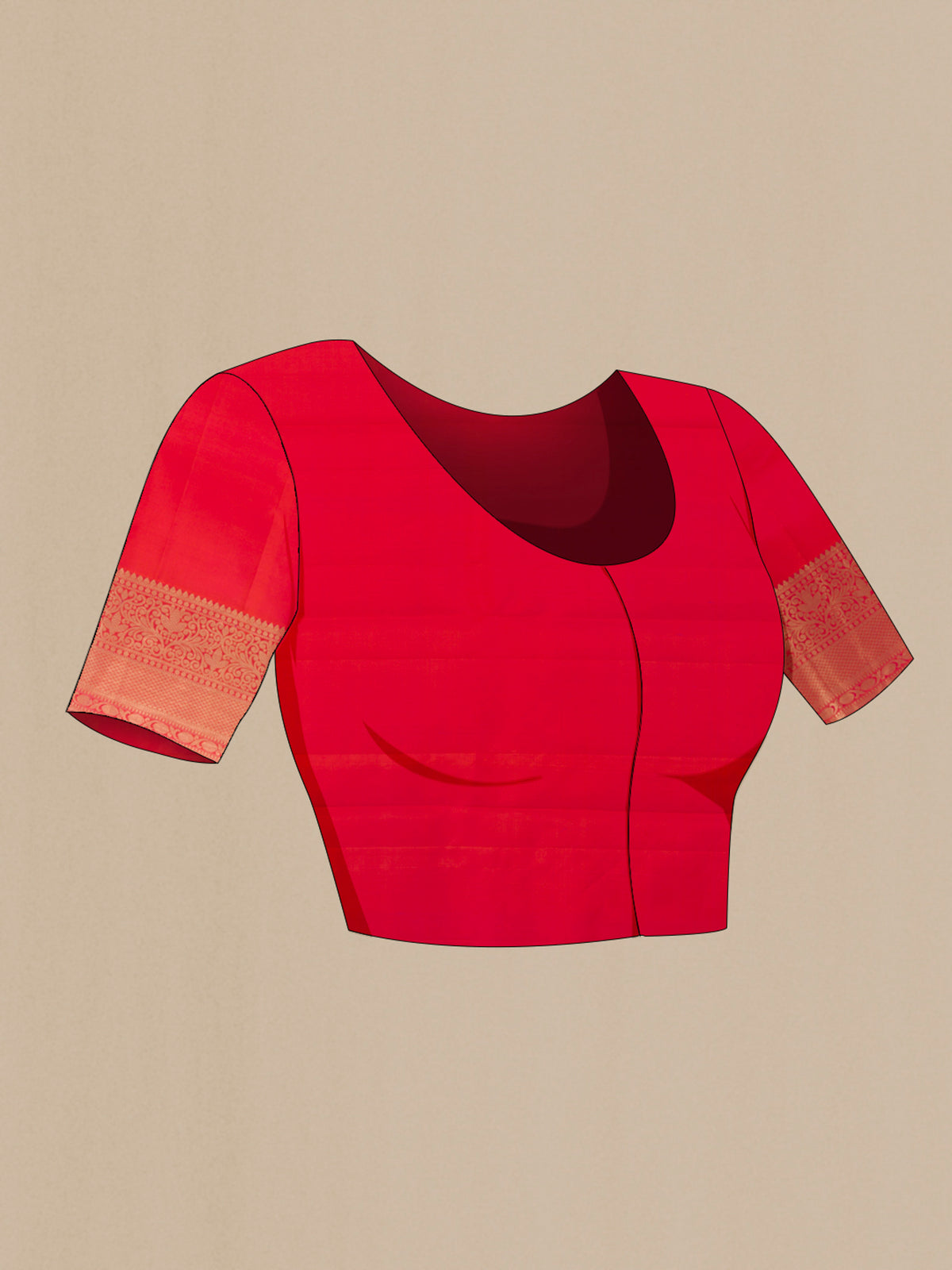 Close up image of the blouse of Pure Silk Orange Kanchipuram Saree with Zari Brocade on the body and Zari Border. 