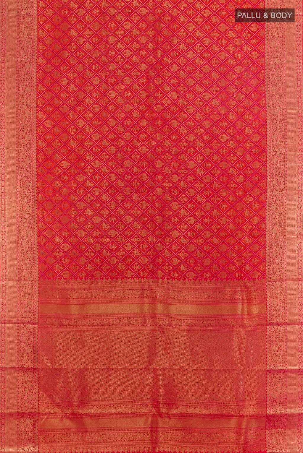 Flat view of Pure Silk Orange Kanchipuram Saree with Zari Brocade on the body and Zari Border. 