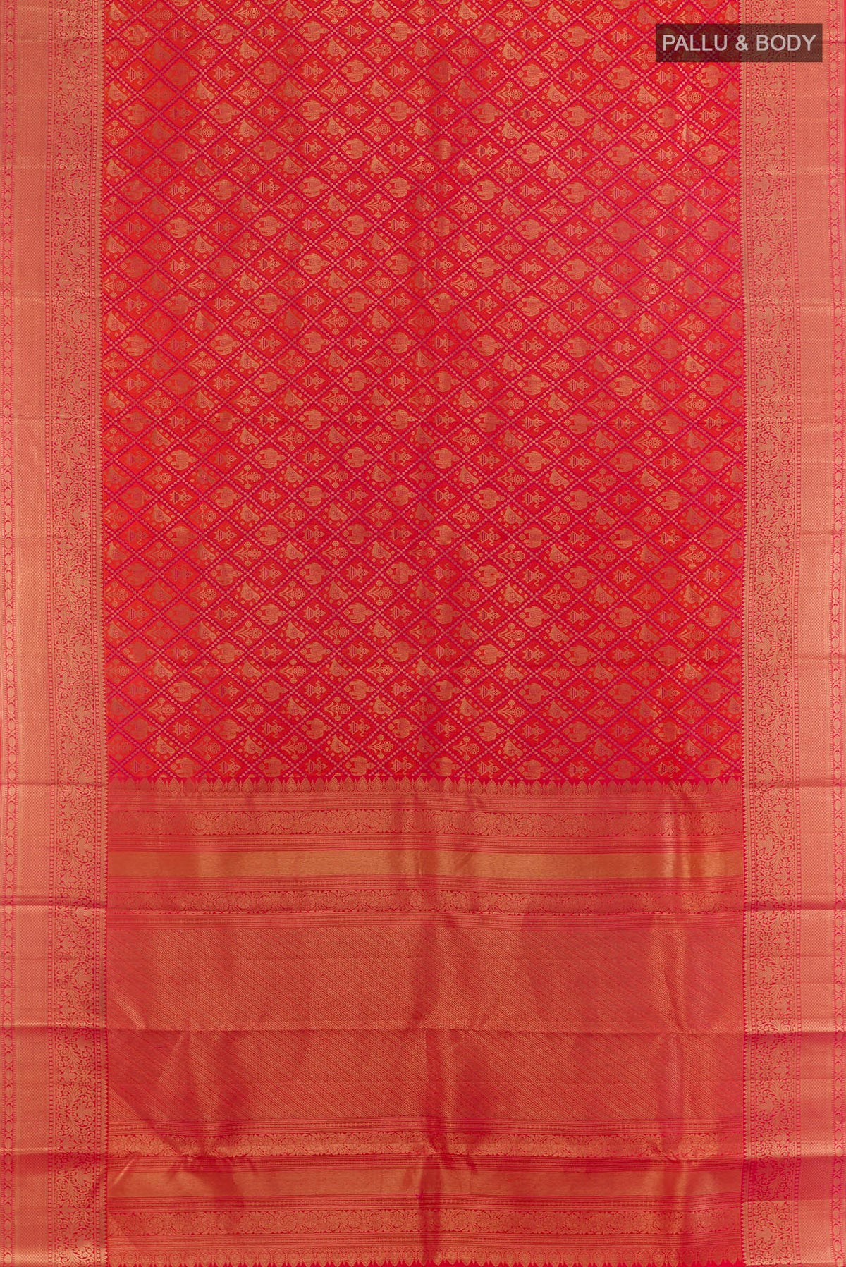 Flat view of Pure Silk Orange Kanchipuram Saree with Zari Brocade on the body and Zari Border. 