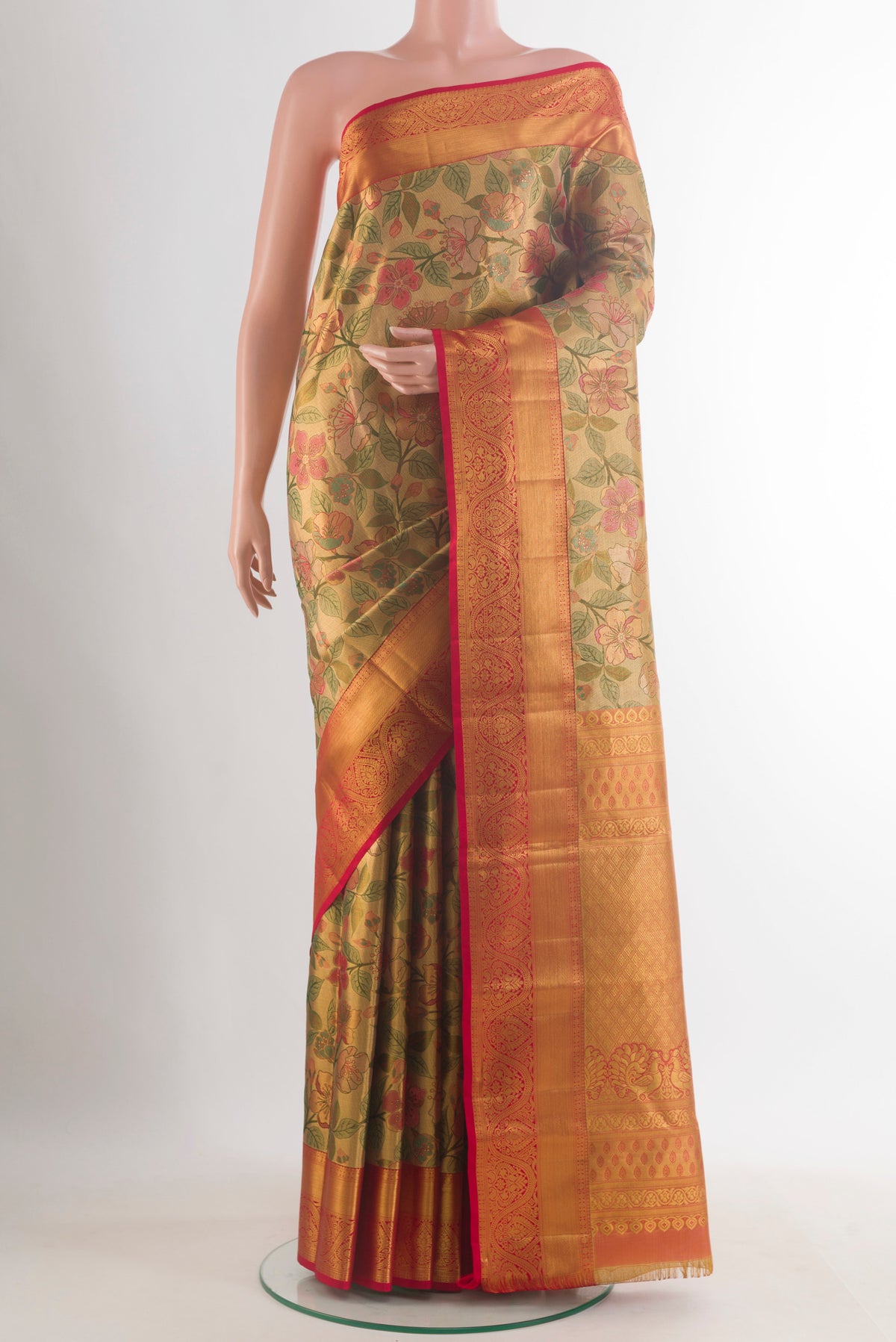 Golden Dual Tone Kanjivaram Tissue Saree with Zari Brocade on the body and Zari Border.  displayed on a mannequin