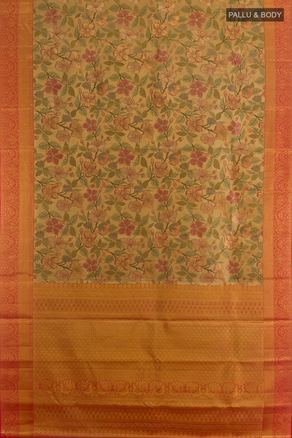 Flat view of Golden Dual Tone Kanjivaram Tissue Saree with Zari Brocade on the body and Zari Border. 