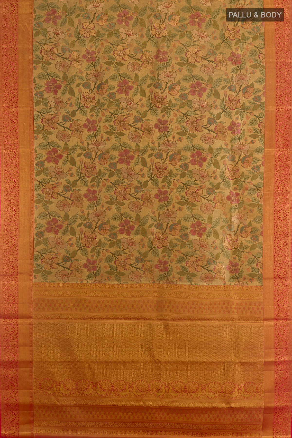 Flat view of Golden Dual Tone Kanjivaram Tissue Saree with Zari Brocade on the body and Zari Border. 