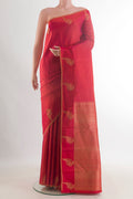Pure Silk Red Kanchipuram Saree with Zari Butta on the body and Zari Border.  displayed on a mannequin
