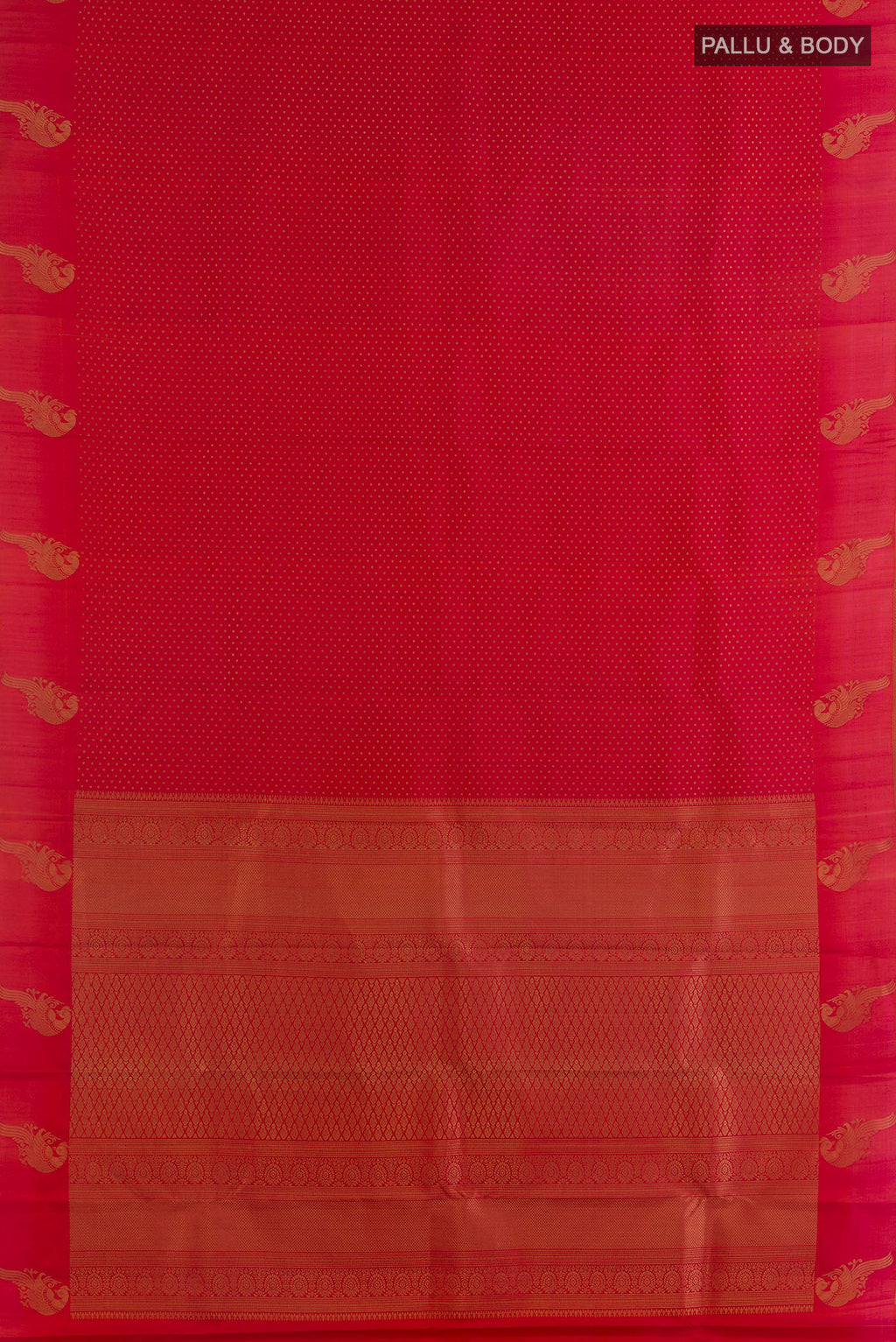 Flat view of Pure Silk Red Kanchipuram Saree with Zari Butta on the body and Zari Border. 