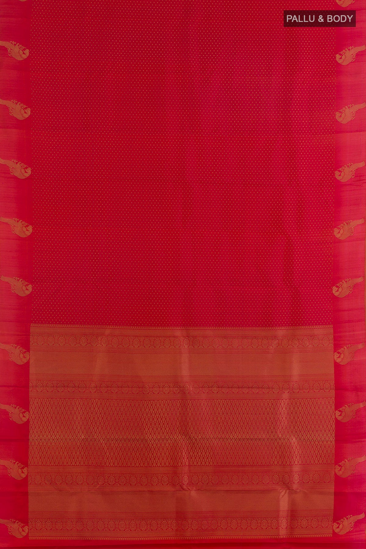 Flat view of Pure Silk Red Kanchipuram Saree with Zari Butta on the body and Zari Border. 
