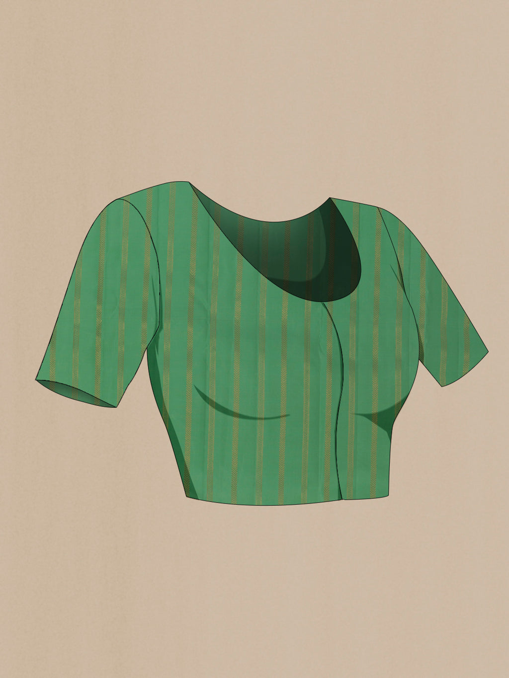 Close up image of the blouse of Pure Silk Green Kanchipuram Saree with Zari Butta on the body and Zari Border. 
