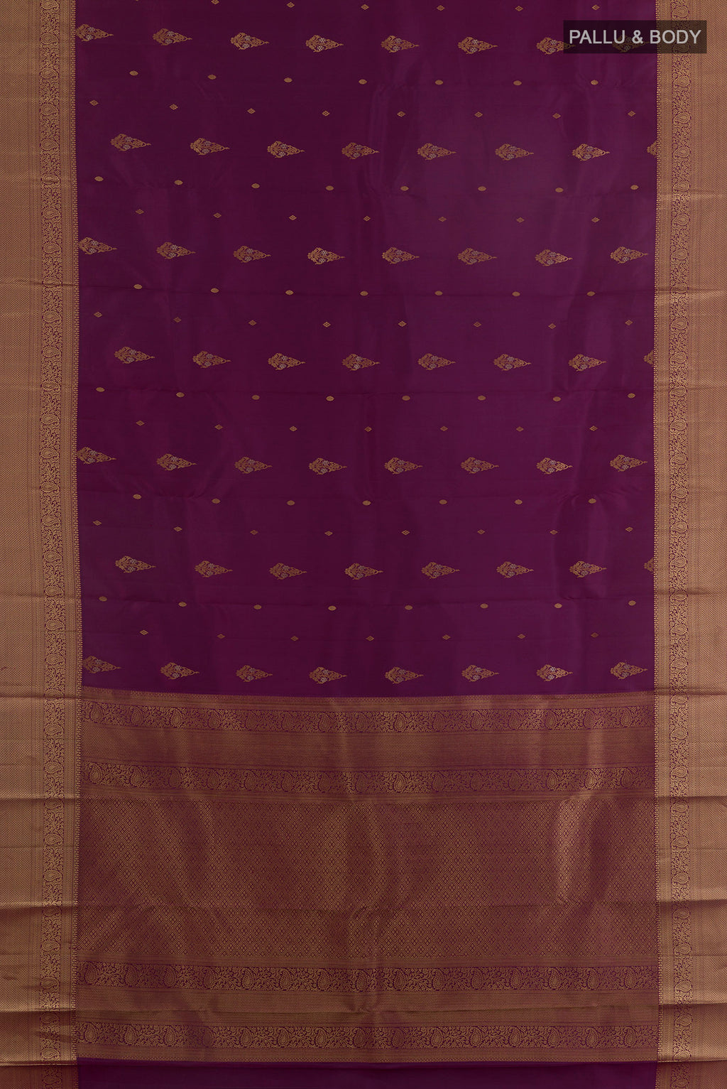 Flat view of Pure Silk Purple Kanjivaram Saree with Zari Butta on the body and Zari Border. 