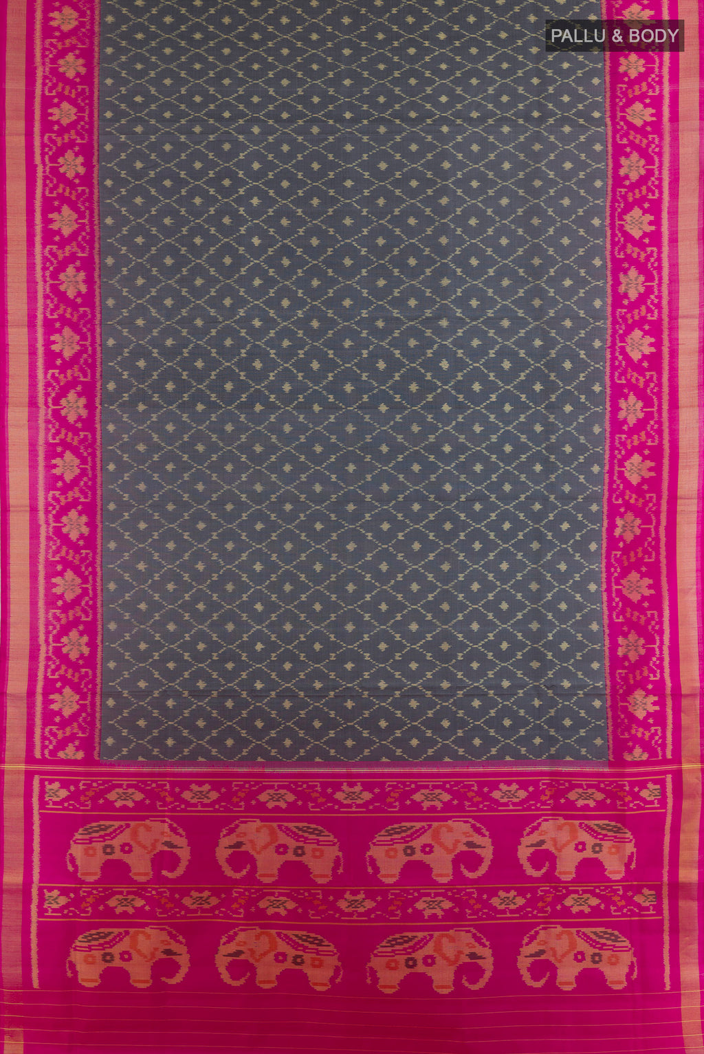 Flat view of Pure Silk Grey Rajkot Patola Saree with Pure Ikat on the body and Ikat Border. 